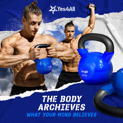Yes4All Kettlebell, 5-100 LB Vinyl Coated Cast Iron Strength Training Kettlebells for Home Gym Exercises, Fitness, Full Body Workout Equipment, Push Ups, and Grip Strength