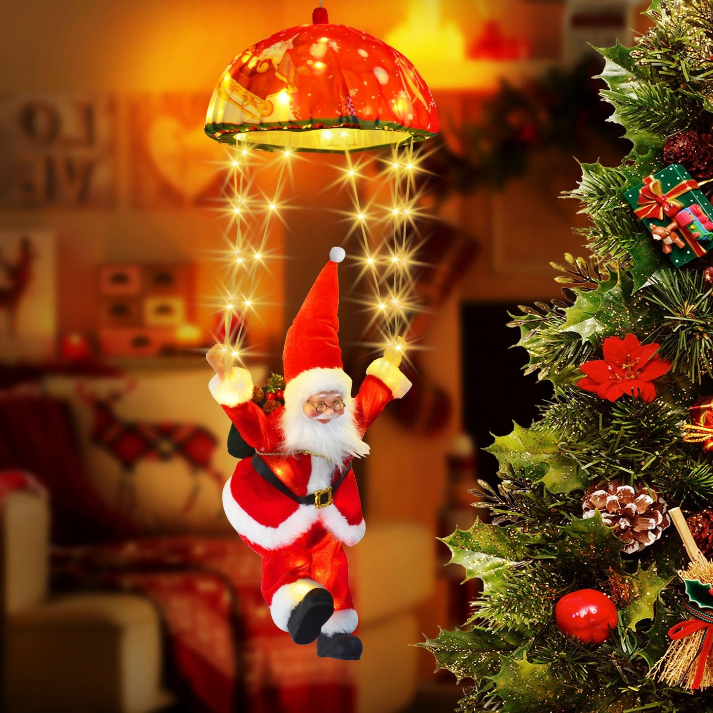 JNOEC Christmas Lights Outdoor Indoor, Santa Claus Parachute LED Lights, 8 Modes & Timer Christmas Decorations Lights Outside Inside for Window, Garden, Home, Porch, Xmas Tree Decor (Warm White)