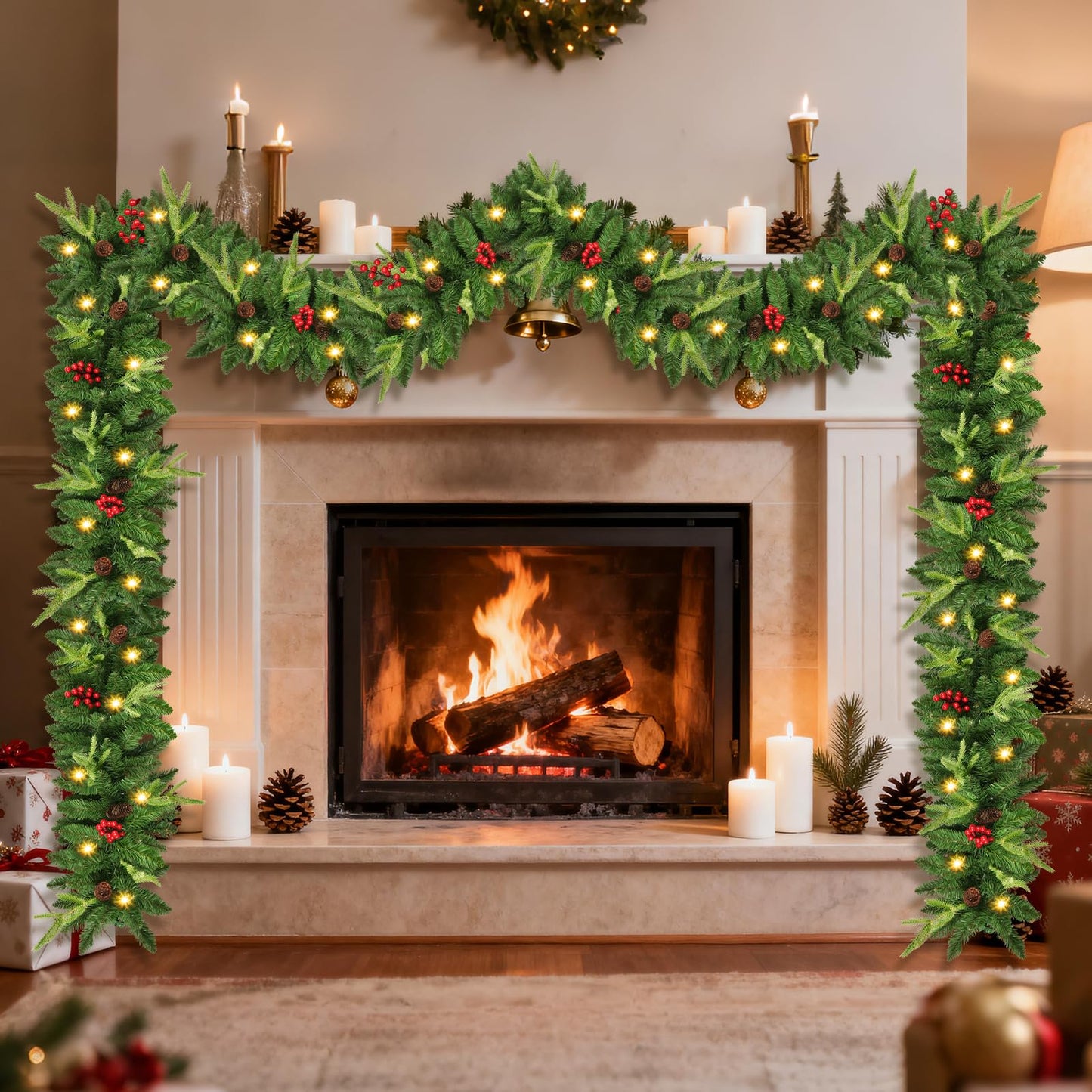 Christmas Garland, 9ft Pre-Lit Christmas Garland with Lights, Battery Operated with Pine Cones & Red Berries, Artificial Christmas Greenery for Mantle, Staircase, Doorway, Indoor Outdoor Decorations