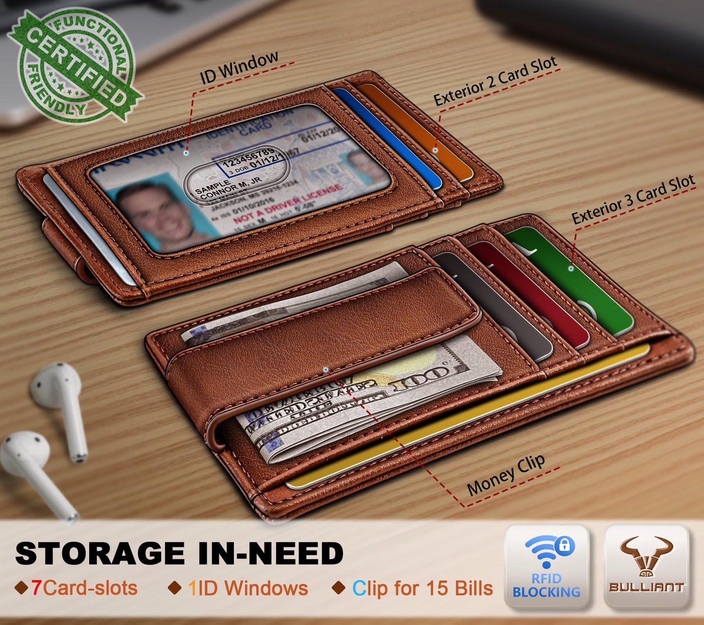 BULLIANT Men Wallet,Slim Leather Wallet Money Clip Card Hodler For Men Gift 8 Cards RFID Blocking