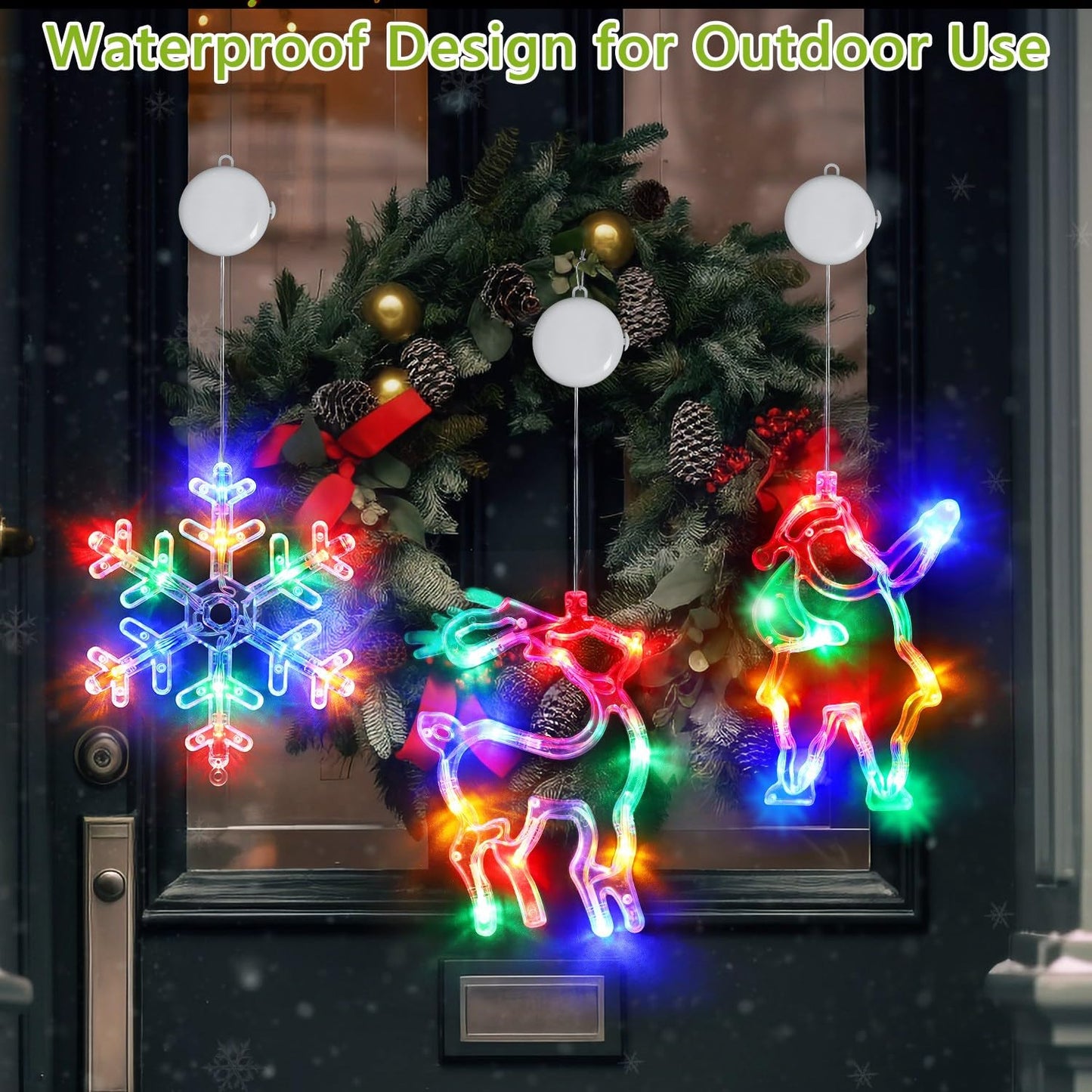 3Pcs Christmas Window Lights, Battery Powered Christmas Window Hanging Decorations Reindeer & Xmas Tree & Snowflake Shaped Indoor Lights with Suction Cup, Timer for Xmas New Year Home Decor