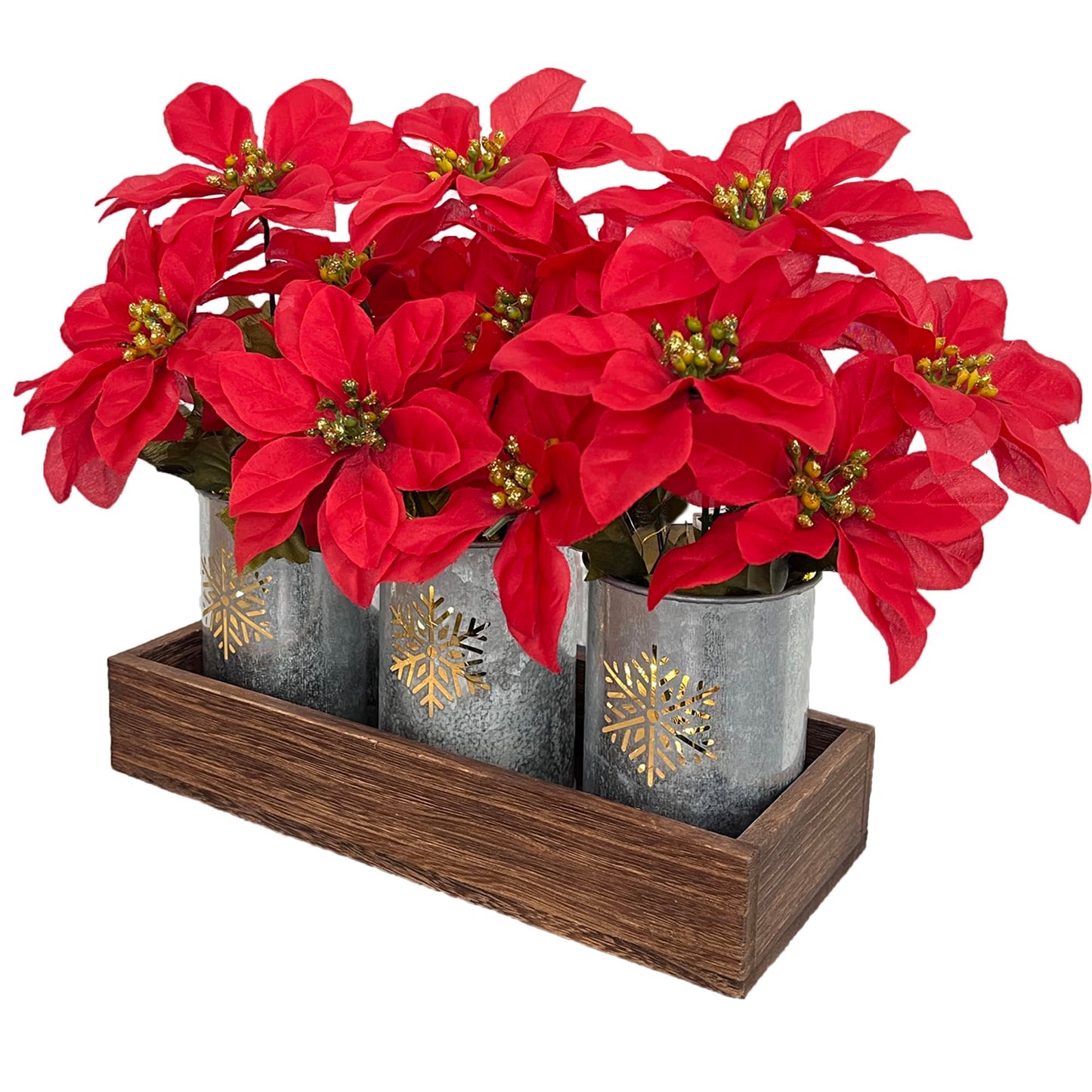 CANCLEAR Artificial Christmas Flower Arrangement, 3pcs Poinsettias in Galvanized Pots with Wood Tray and LED String Lights, Perfect Tabletop Centerpiece for Holiday Decor