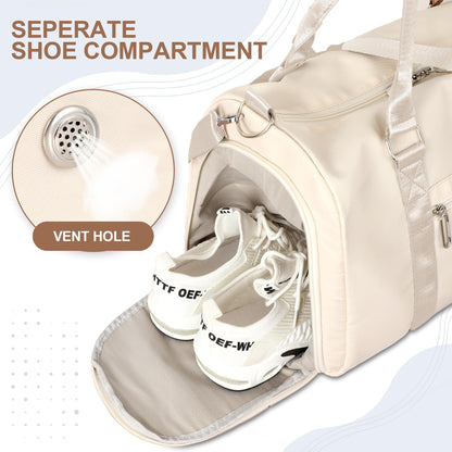 FIORETTO Womens Gym Tote Duffle Bag with Wet Pocket & Shoe Compartment, Sports Duffel Overnight Weekender Hospital Workout Carry on Bag for Girls, Ideal for Travel, Swimming, Dance, Ballet Beige