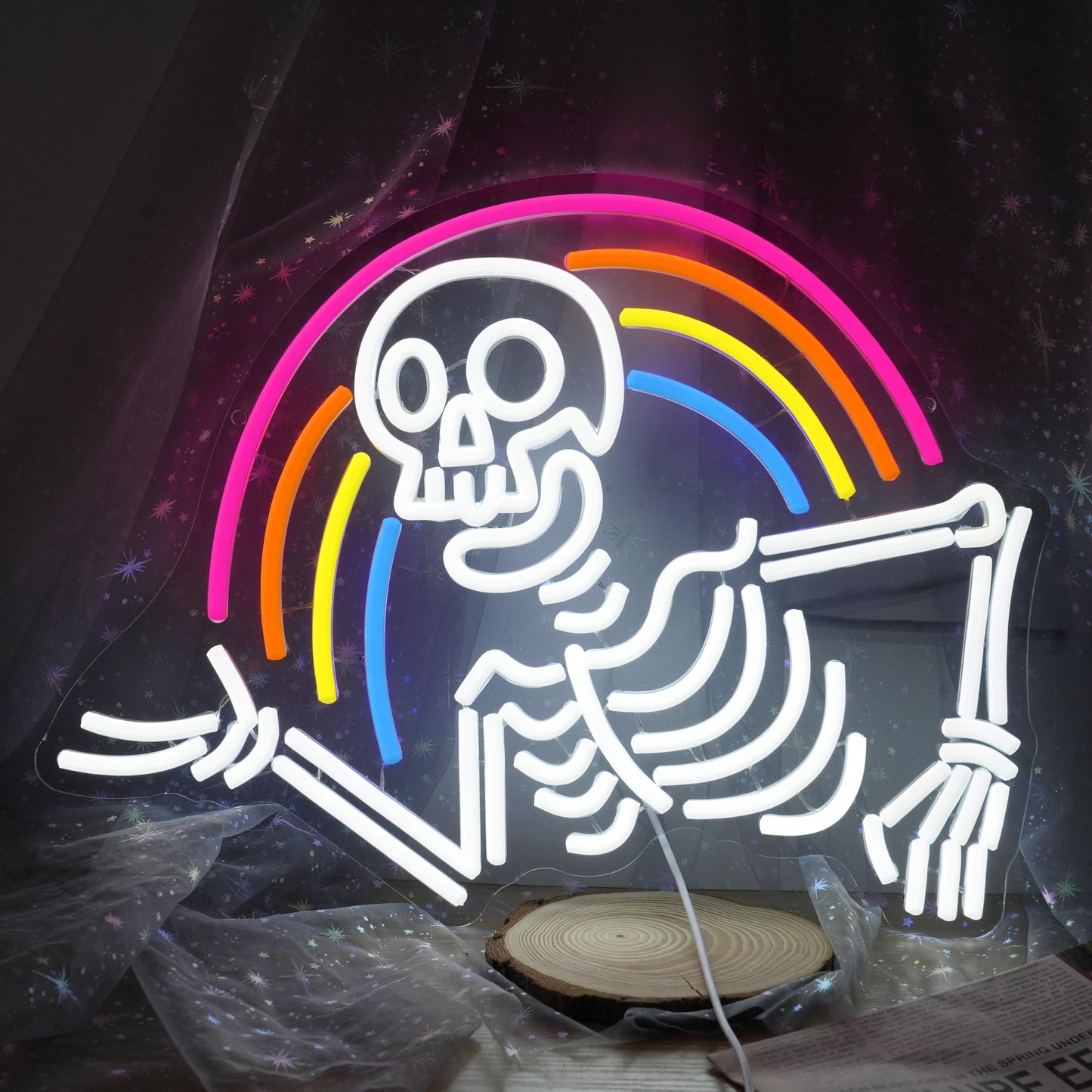 JLEWUINH Rainbow Skeleton Halloween Neon Sign Welcoming Skull Led Neon Light Colorful Rainbow Light Up Sign for Halloween Party Christmas Bedroom Man Cave Game Room(16.5 * 12.5in)