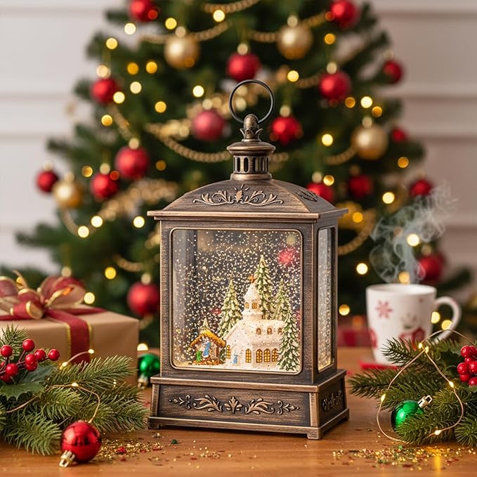 Christmas Snow Globe Lantern Water Glittering Churche & Manger Scene with Music & Timer, USB Lined/Battery Operated Lighted Lantern for Christmas Festival Decoration Gifts
