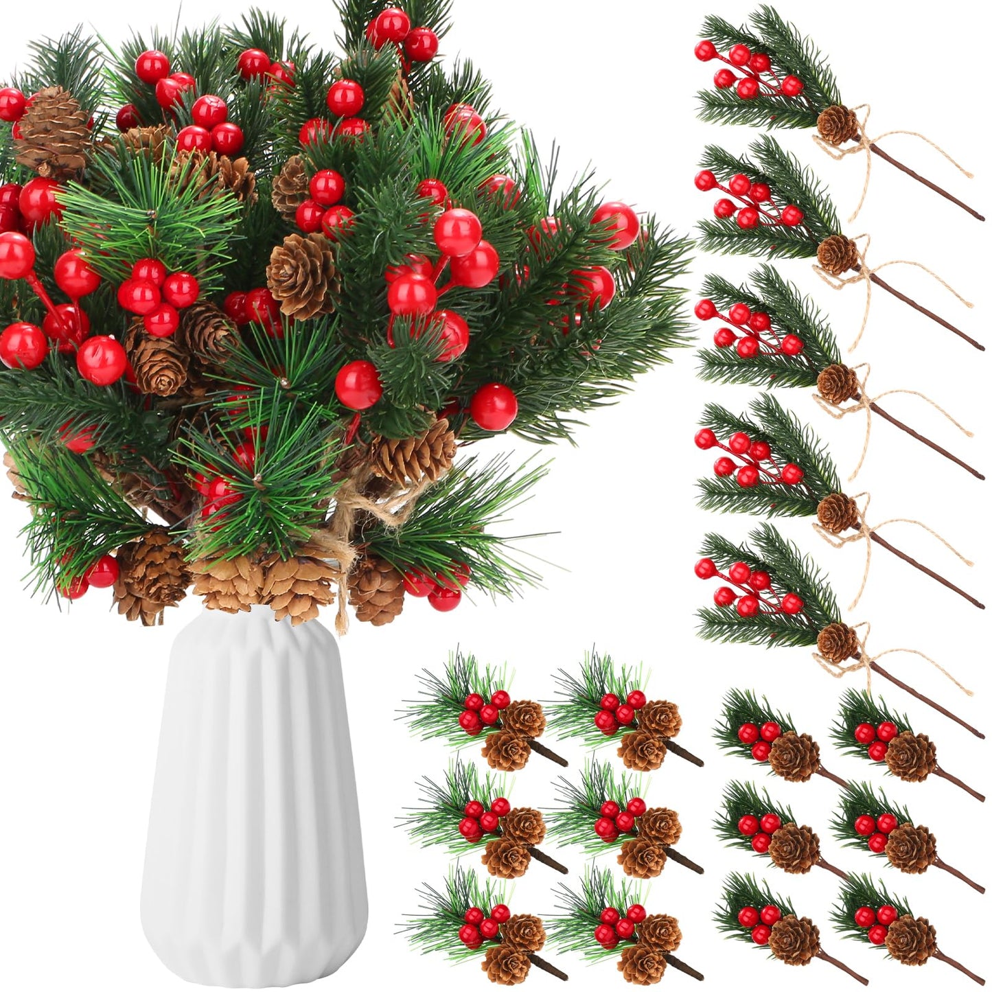 34Pcs Artificial Christmas Floral Picks, Red Berry Picks with Pinecones and Pine Branches, Fake Berries Pine Cone Berry Stems Set for Wreath, Garland, Vase, Tree, Holiday Home Winter Decorations