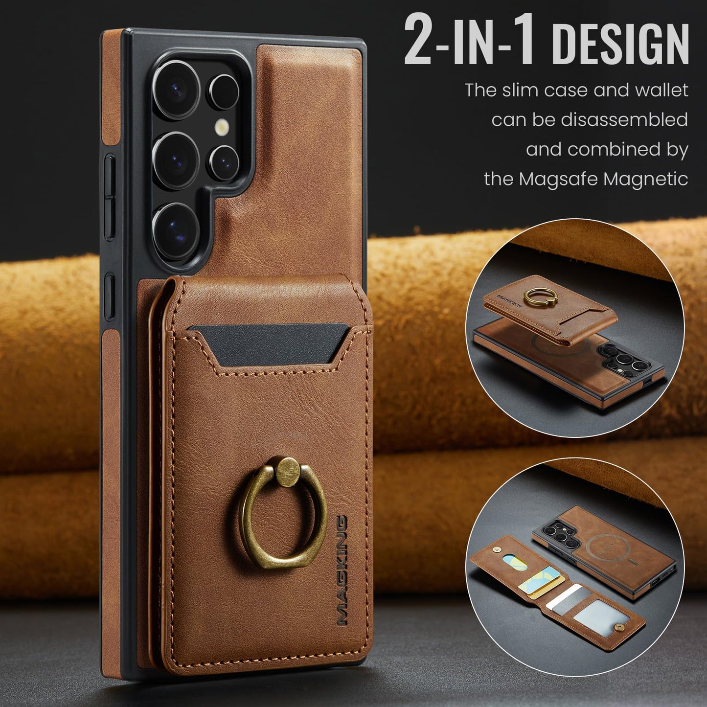 Konstreet for Samsung Galaxy S26 Ultra 2 in 1 Detachable Card Bag Wallet Case Durable Leather Wallets Magnetic Card Holder 4 Card Slots Ring Stand RFID Blocking Brown