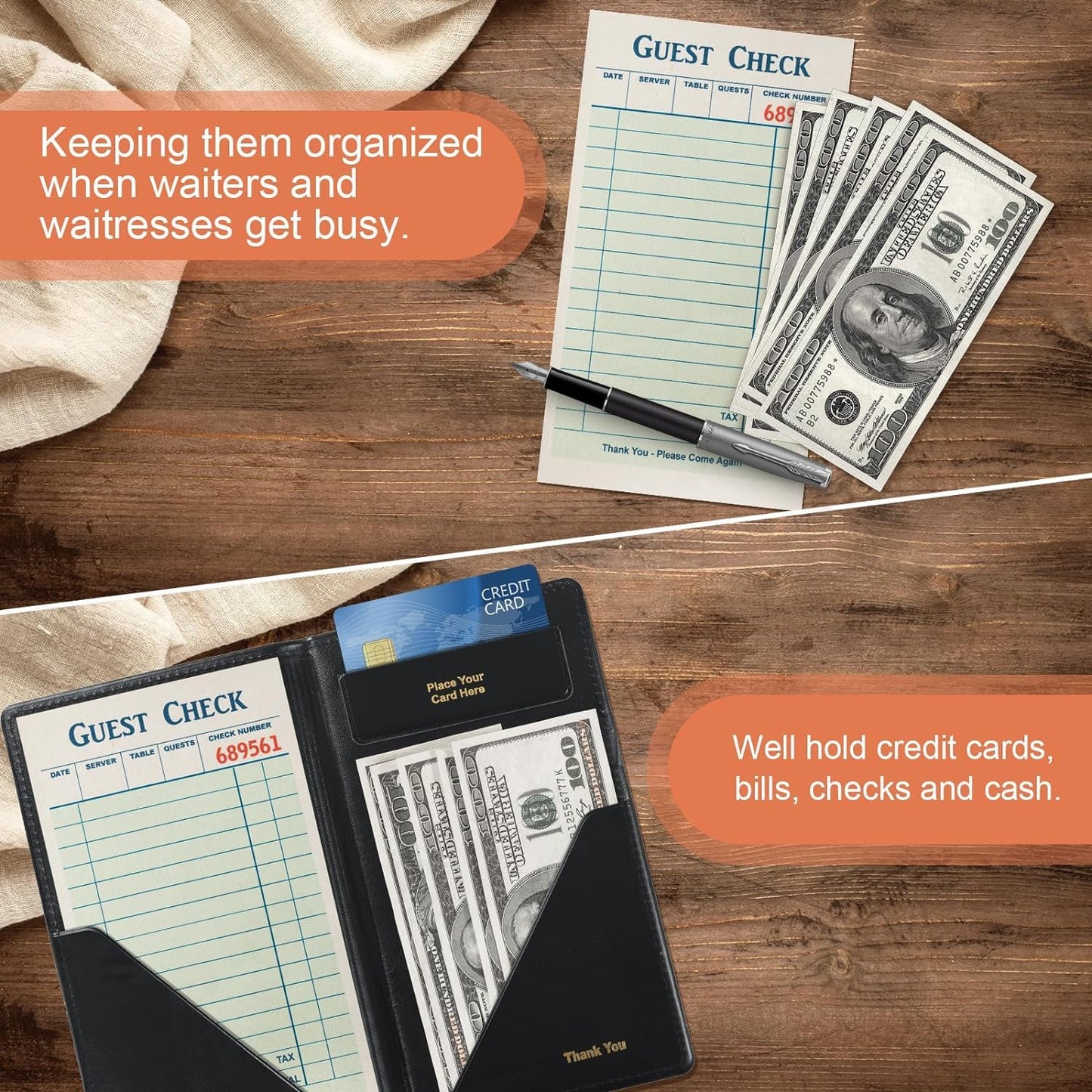 FLKQC Leather Restaurant Check Presenters, 10 Pack 9" x 5" Guest Check Card Holder with Gold Thank You Imprint for Severs, Bill Book Restaurant Supplies for Restaurants, Bar and Cafe (10, Black)
