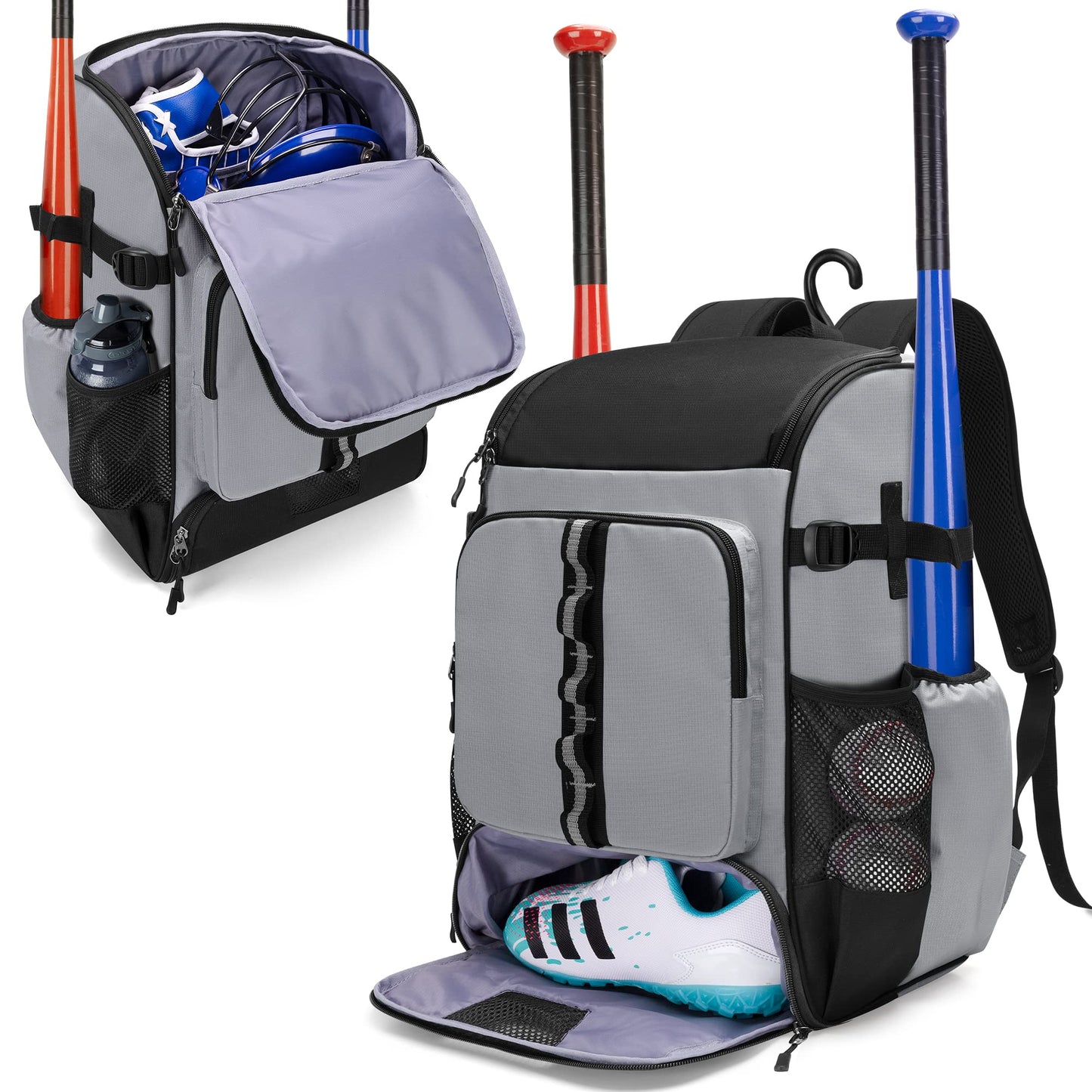 GOBUROS Baseball Backpack Holds Up to 4 Bats, Softball Bat Bag for Men Gray