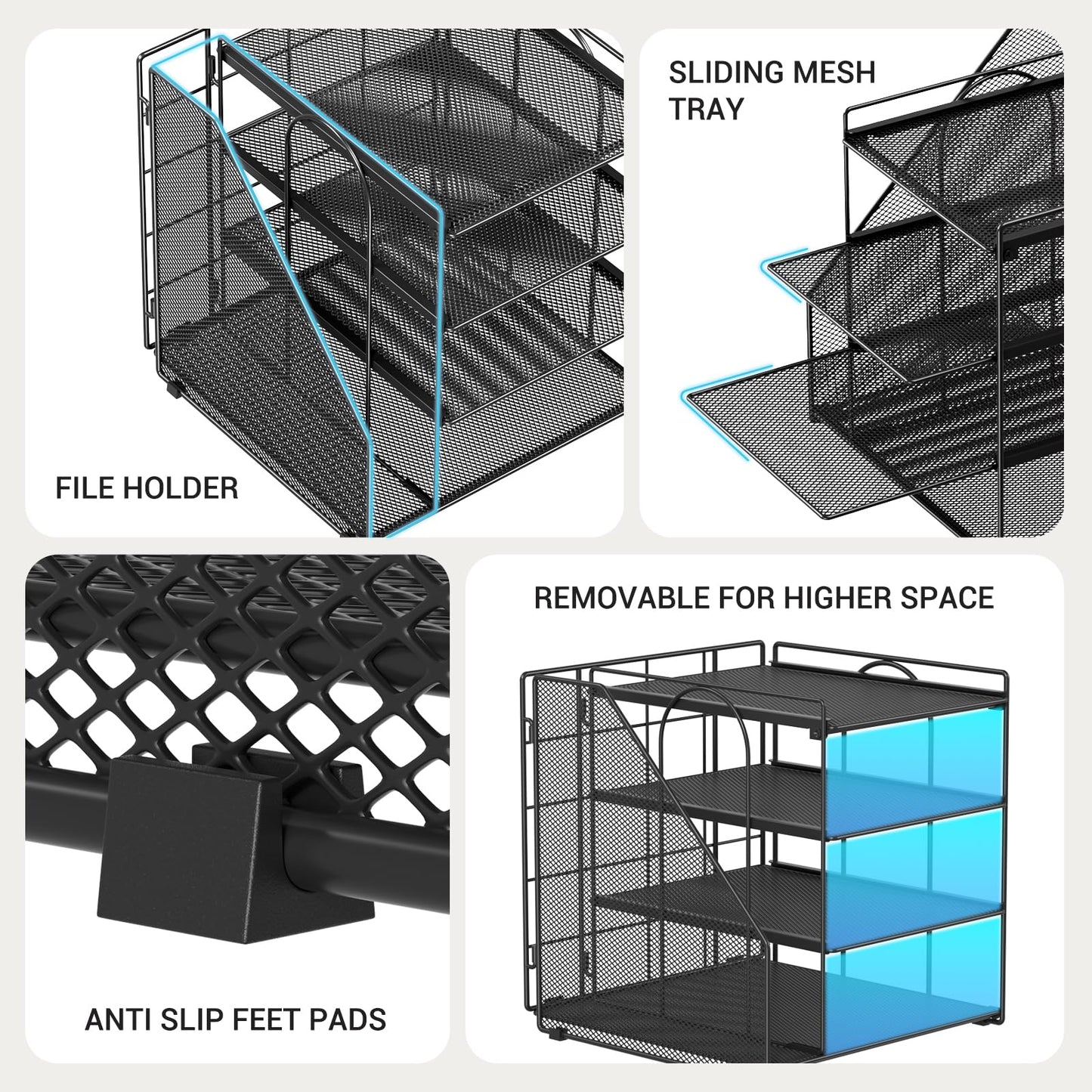 Becomrock Desk Organizer, 4-Tier Metal File Organizer for Desk with Vertical File Holder, Office Accessories and Desktop Storage for Office Supplies (Black)
