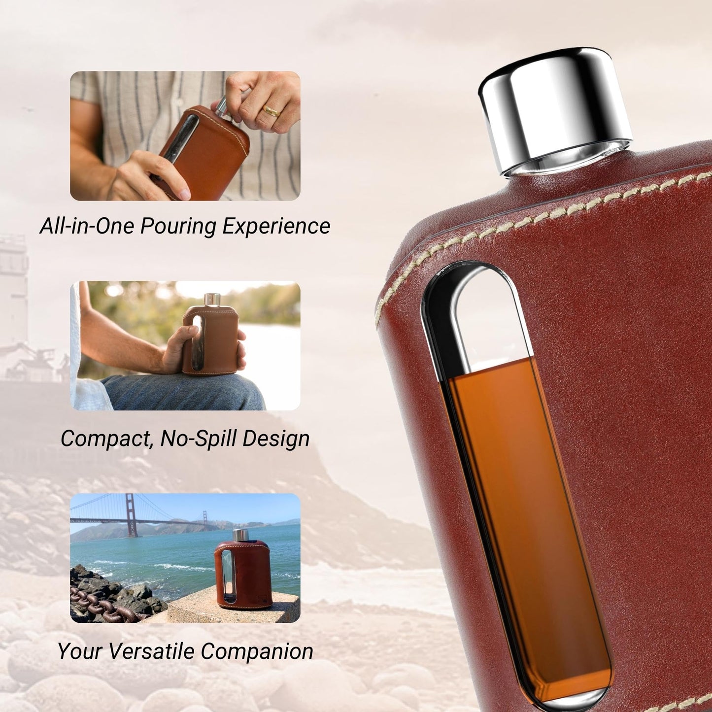 Ragproper Leather Glass Hip Flask for Men & Women – Modern Whiskey & Liquor Pocket Flask, Durable Genuine Leather Cover, Ideal Glass Flask – Single Shot 3.4oz (100ml), Dark Brown