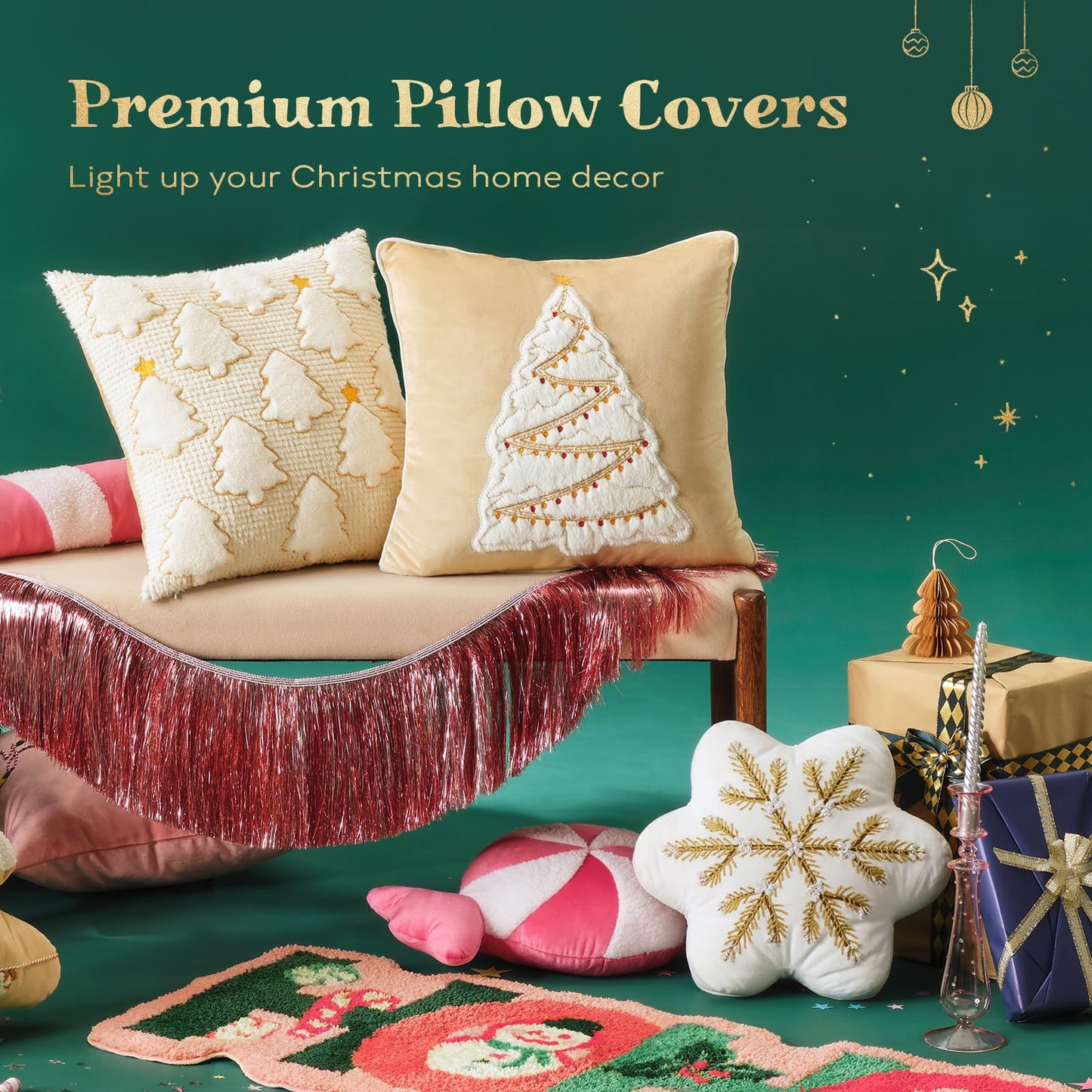 Ashler Christmas Tree Throw Pillow Covers, Plush 3D Pillow Covers, Beige, 18x18IN, Set of 2, Star Embroidered, Velvet Pillowcase with Contrast Piping, Festive Decor for Bedroom, Living Room