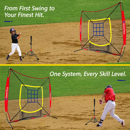 Ameritco Baseball Net，7x7ft Baseball Practice Net with Tee and Target, Large Pocket Sports net for Hitting/Batting/Pitching/Throwing,Scratch Resistant Base, Versatile Use for All Levels (Red)