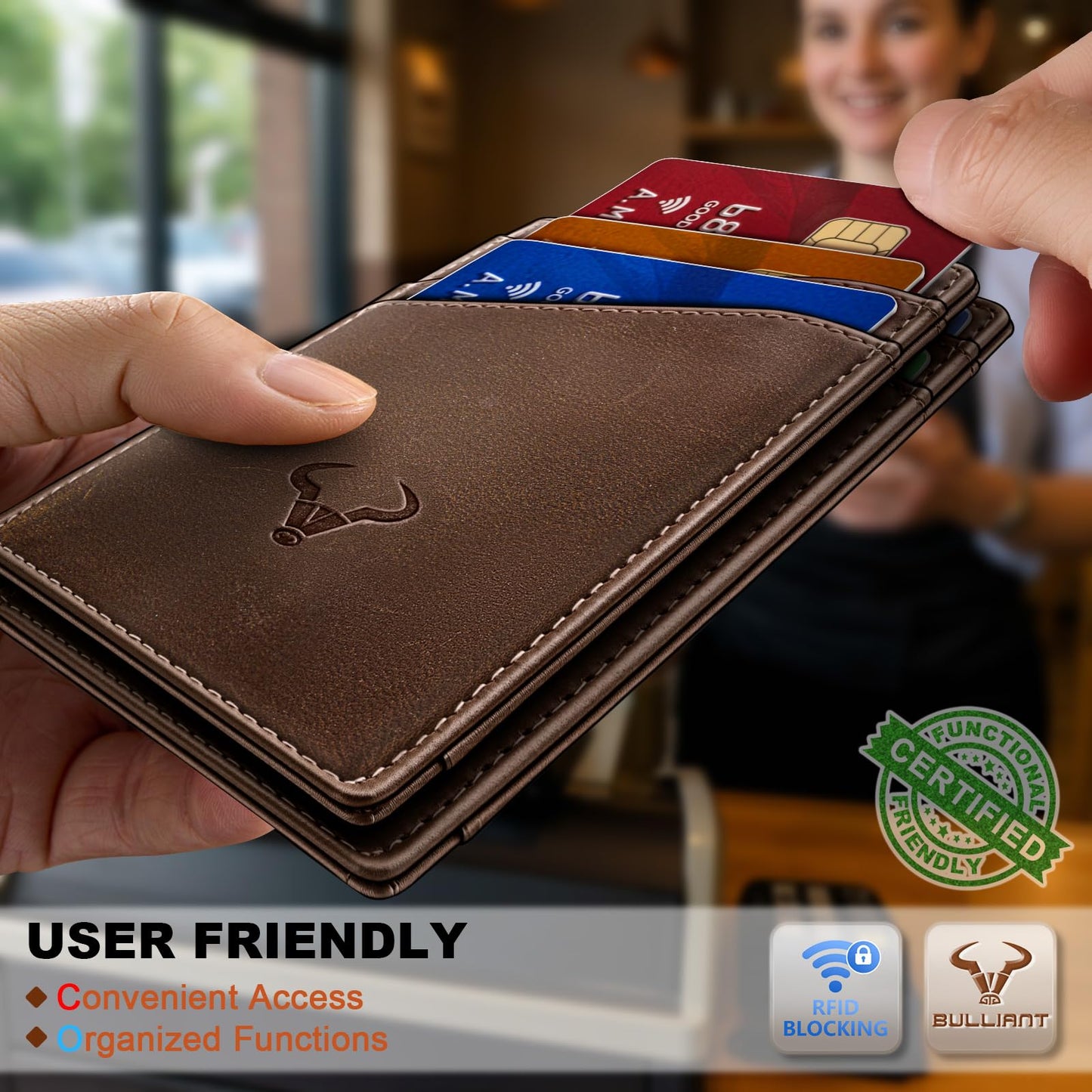 BULLIANT Men Full Grain Wallet,Slim Wallet Magnetic Closure Simplifed Bill Folder RFID Blocking 11Cards