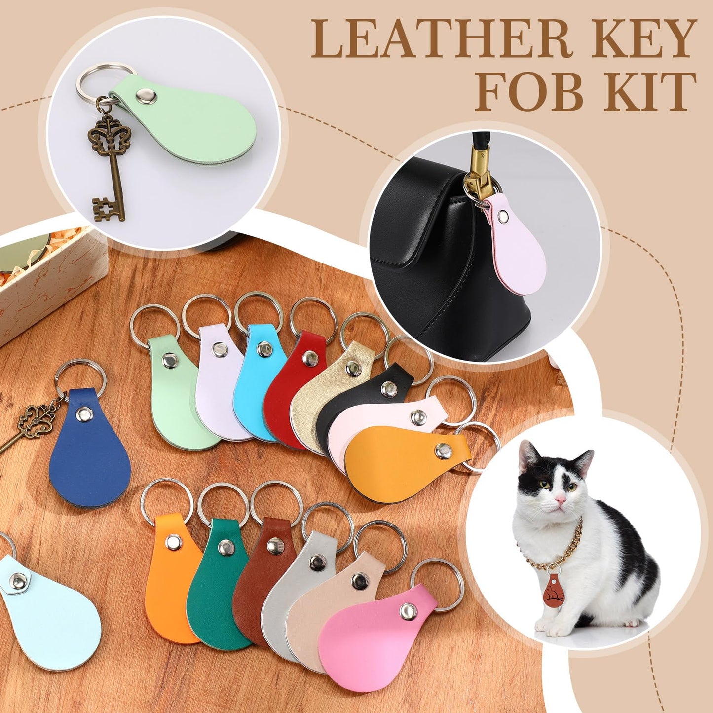Sasylvia 100 Pcs Leather Key Fob Kit Leather Keychain Blanks with Rivets and Key Rings for Laser Engraving DIY Making Leather(Multicolored)