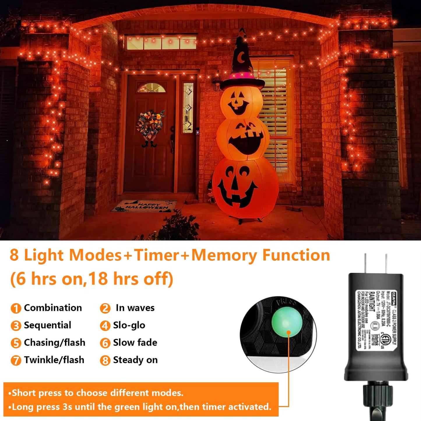 QITONG 165ft 500 LED Orange String Lights, Twinkle Lights Outdoor Waterproof with 8 Modes, Green Wire Orange Christmas Light Plug in Indoor with Timer Memory