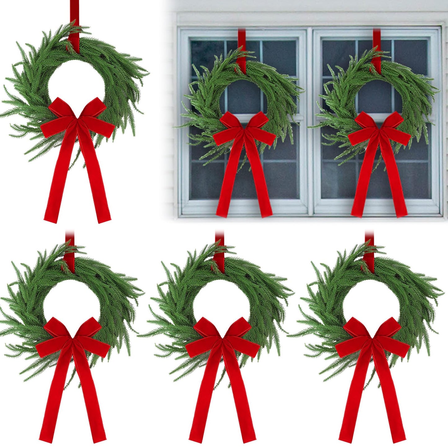 Janinka 6 Pcs Christmas Wreath for Windows 11.8 Inch Christmas Window Decorations Cabinet Wreaths with Red Bow Greenery Artificial Hanging Garlands for Fireplaces Window Home (Norfolk)
