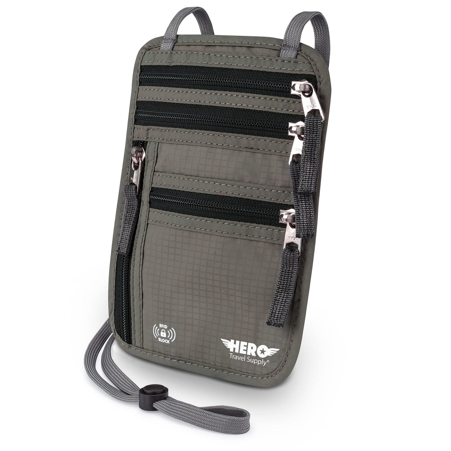 HERO Neck Wallet - RFID Blocking Passport Holder, Easy to Conceal Travel Pouch (Army Grey)
