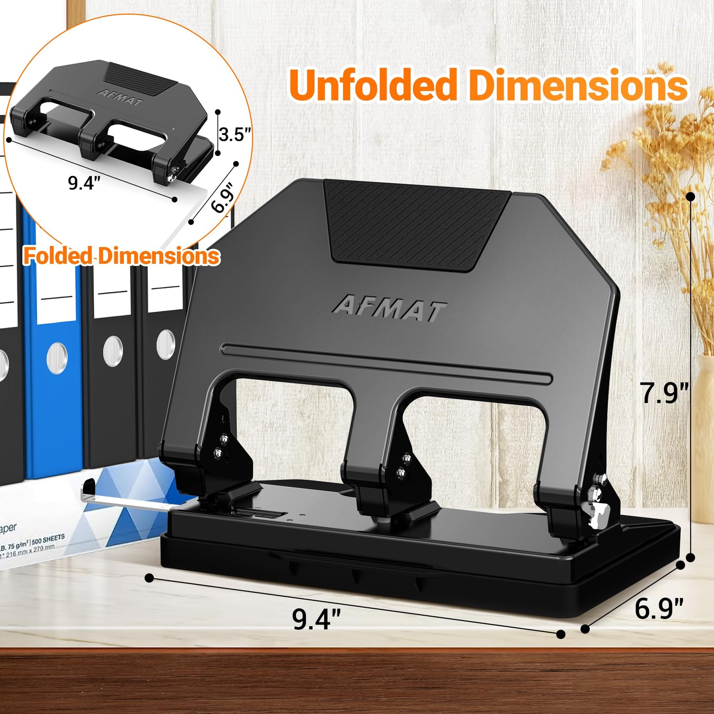 AFMAT 3 Hole Punch Heavy Duty, 9/32" Hole Diameter, 40-Sheet 3 Hole Puncher for Binder, 50% Reduced Effort, Metal Three Hole Punch w/ 10,000+ Uses, Bulit-in S.S. Paper Guide, Large Chip Tray, HPX3