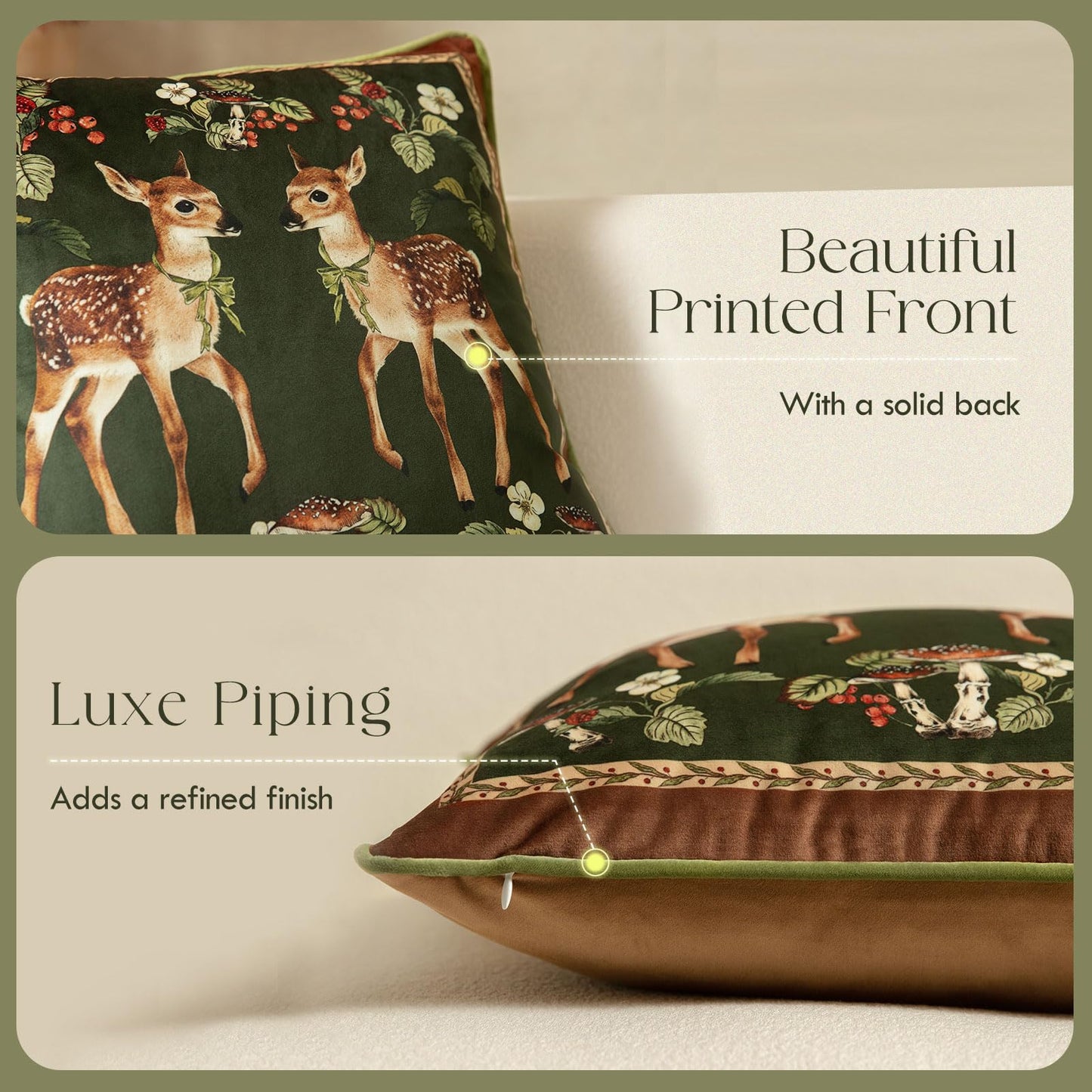 Livebee Holly Deer Green Pillow Cover, Velvet Euro Sham Covers Decorative Throw Pillow Covers 18x18 for Couch Sofa Bed Living Room