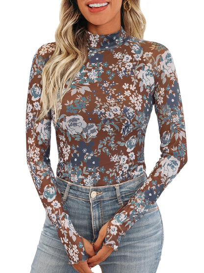 Dealmore Lace Sheer Long Sleeve Floral Mesh Mockneck Trendy Cute Going Out Tops for Women Fall Fashion Outfits 2025 Clothes