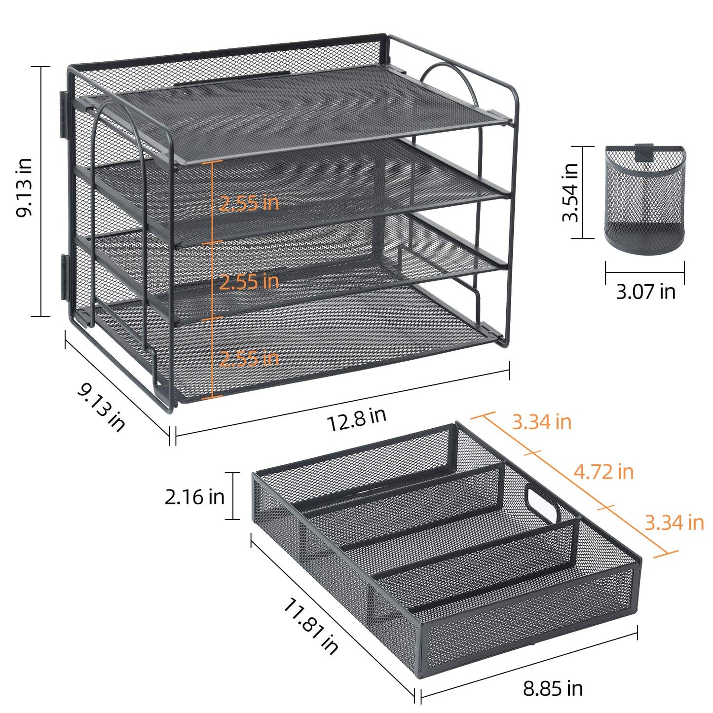 Marbrasse Desk Organizer and Accessories4-Tier Paper File Letter Tray Accessories & Workspace Desk Organizers with Drawer and 2 Pen Holders for School Home Office Supplies (Black)