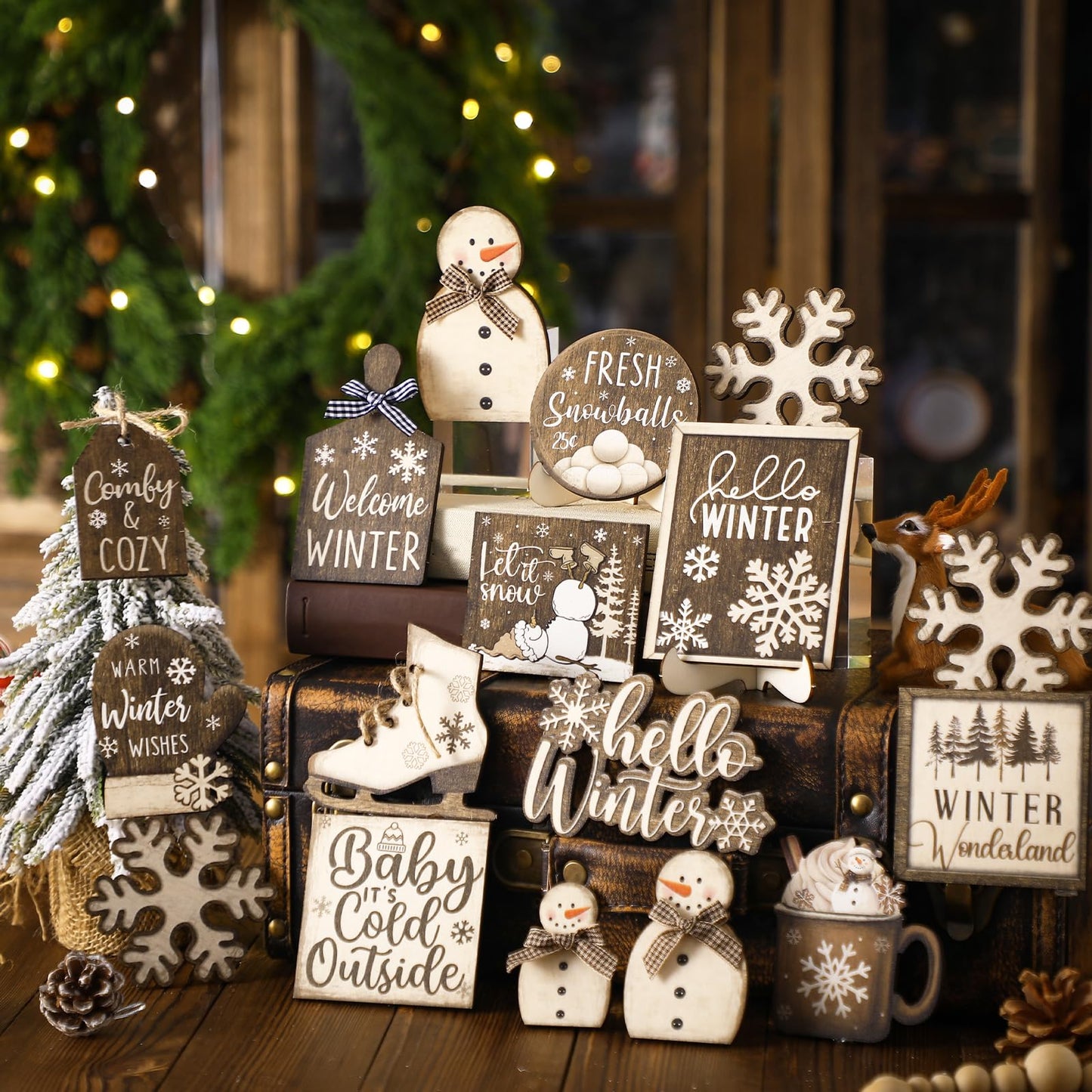 Shellwei 23 Pcs Winter Tiered Tray Decor Set Wood Rustic Hello Winter Snowman Snowflake Decoration Christmas Farmhouse Decor Xmas Signs for Christmas Decorative Trays Table Shelf Home Centerpiece