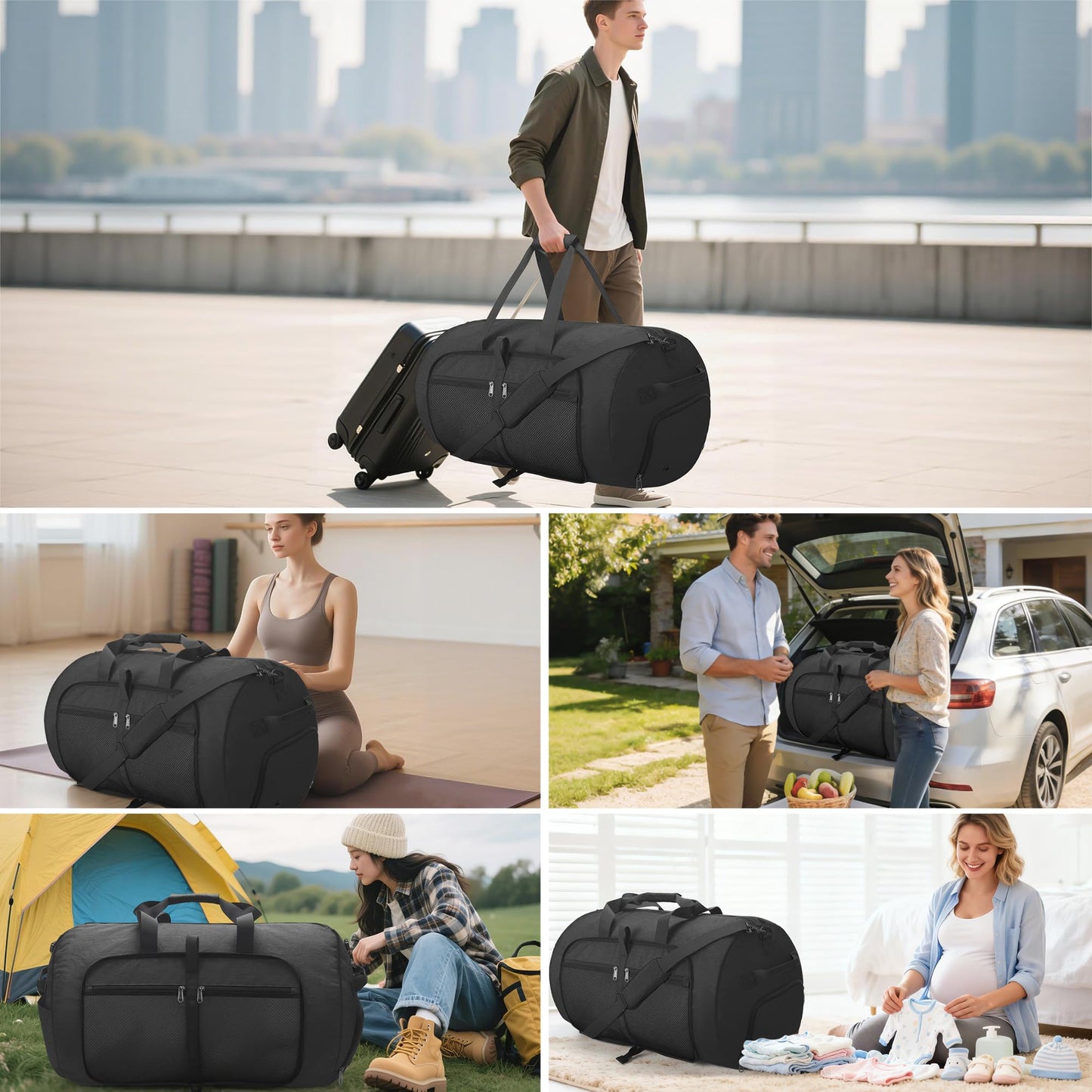 120L Foldable Waterproof Travel Duffel Bag for Men and Women with Shoe Compartment (Black, 120L)