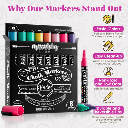 Loddie Doddie Liquid Chalk Markers - Pack of 8 Macaron Pastel 6mm Tip - Dual Tip Fine & Bold Lines with Chalkboard Markers & Chalk Pens - Erasable Liquid Ink on Chalkboard Calendar & Blackboard