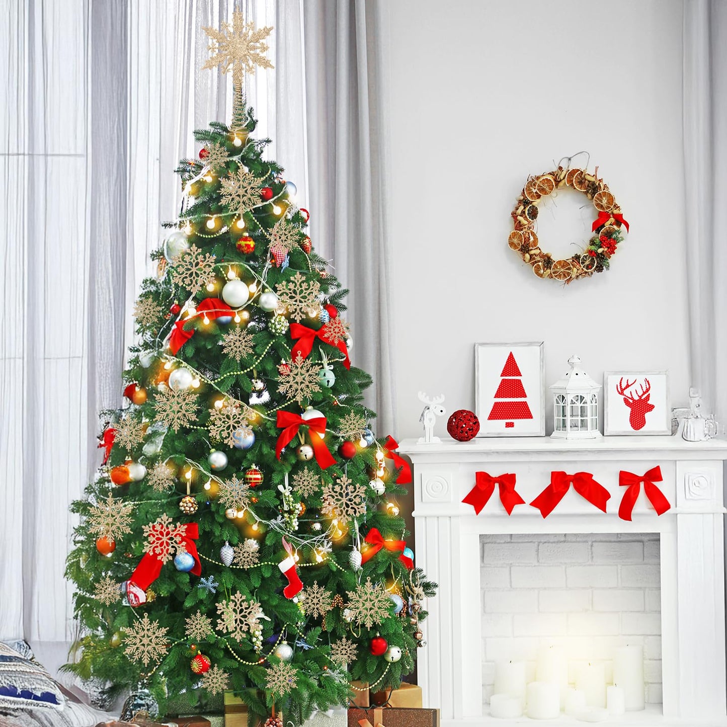 Teenyyou 36 Pcs Snowflake Christmas Tree Decoration 1 Pcs Glitter Star Tree Topper Snowflake Hanging Ornaments for Craft Christmas Trees DIY Indoor Ceiling Winter Party Decoration(Champagne)
