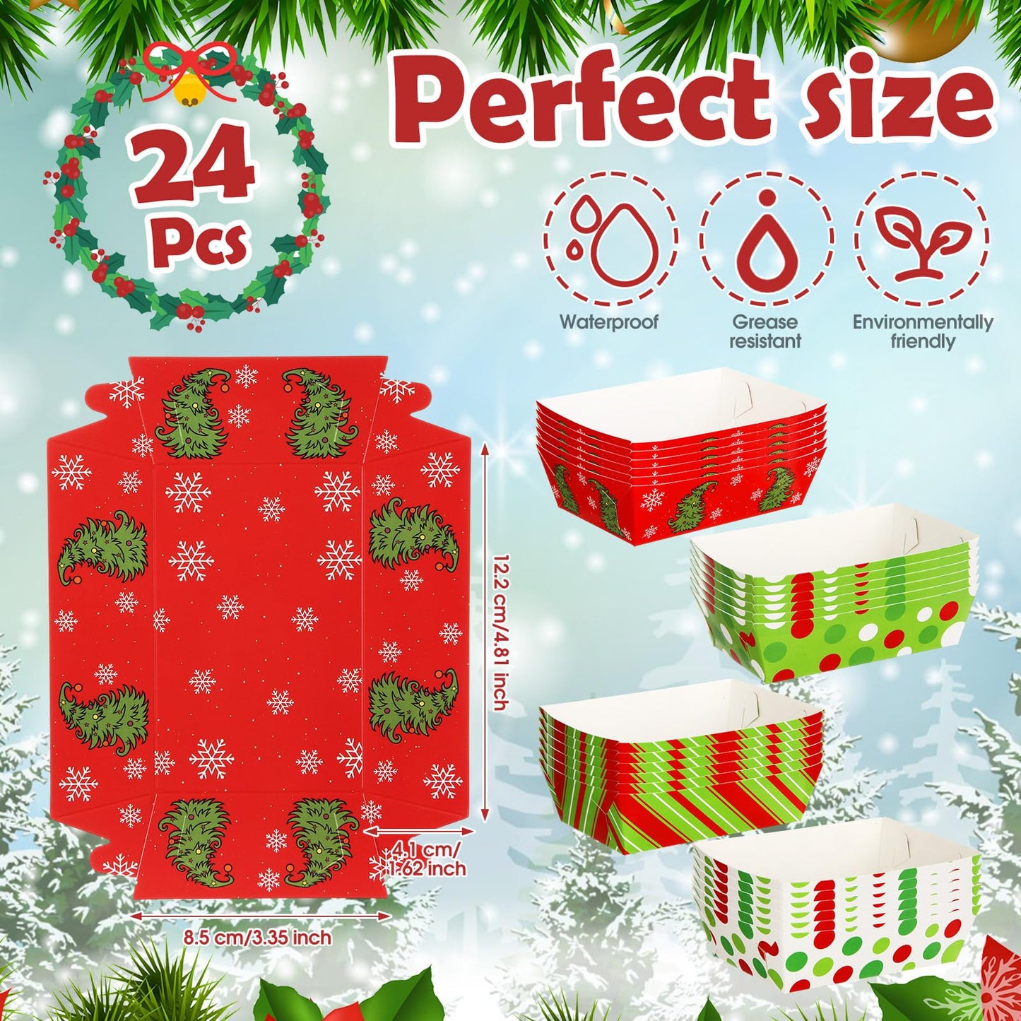 Dunzoom 48 Pcs Christmas Paper Food Trays Plates Disposable Christmas Movie Snack Trays Santa Elf Snowman Red Green Plates Nacho Hot Dog Serving Boat for Xmas Party Supplies Decoration (Style 2)