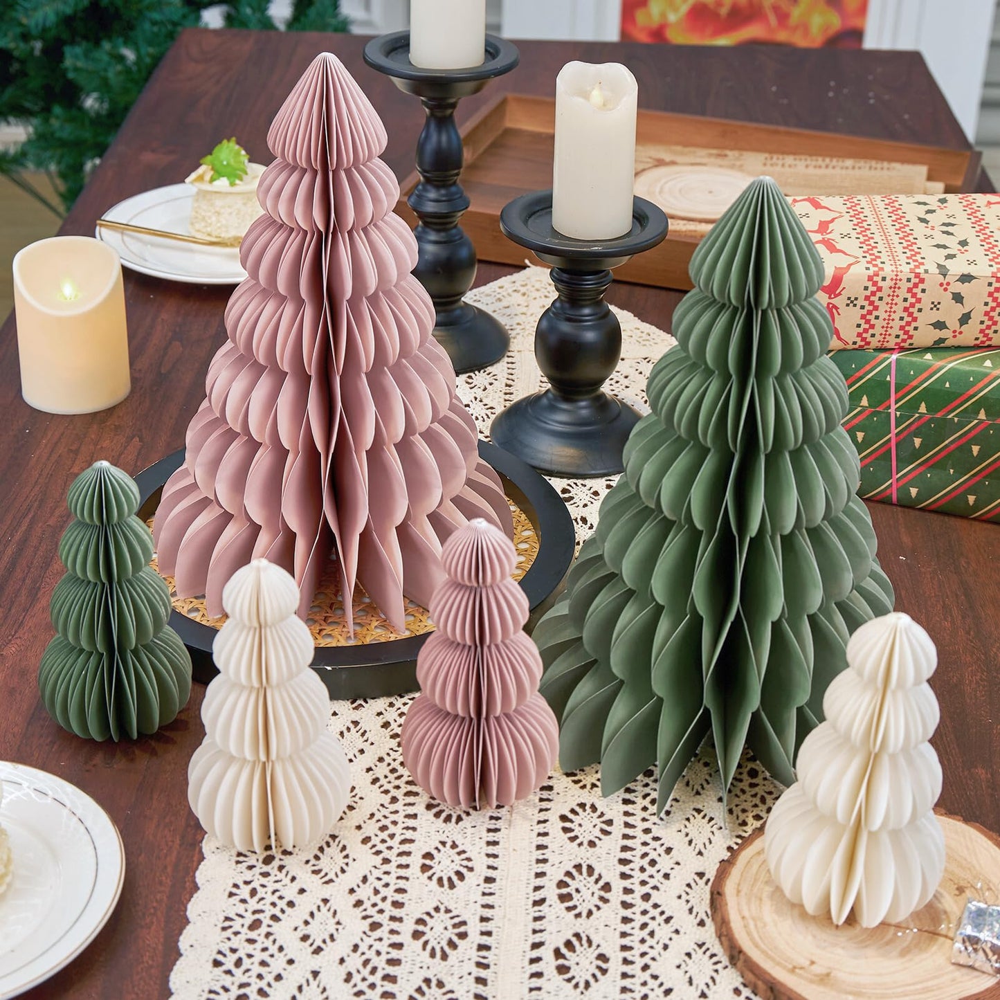 OBBOLO 6 Pcs Paper Christmas Tree, Beige, Sage Green and Dusty Pink Tabletop Christmas Decorations with Magnetic Closure, 12" & 6" Foldable Reusable Holiday Trees for Mantel, Table Centerpiece
