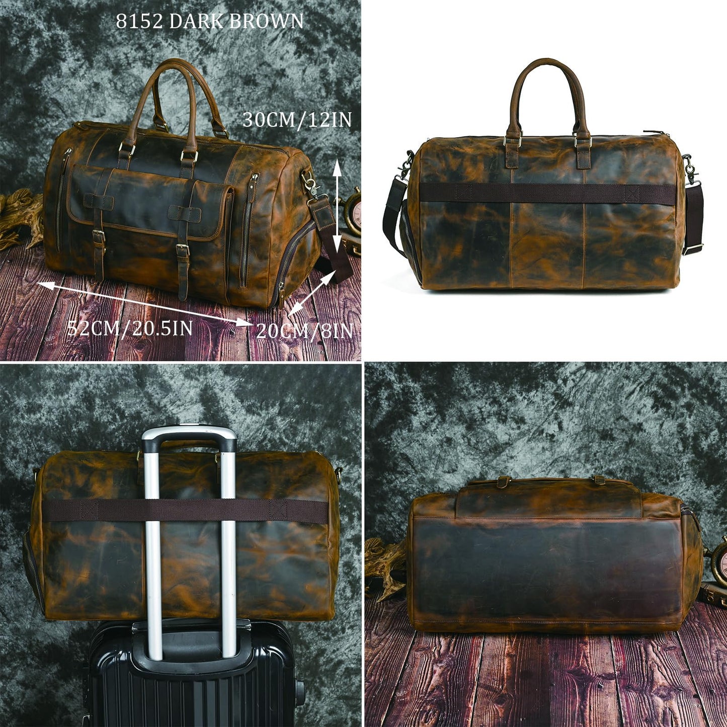 Handadsume Canvas + Leather Travel Luggage Tote Duffle Gym Suitcase Weekender Overnight Bag For Men Male FB8151 (8151-Dark Brown2)