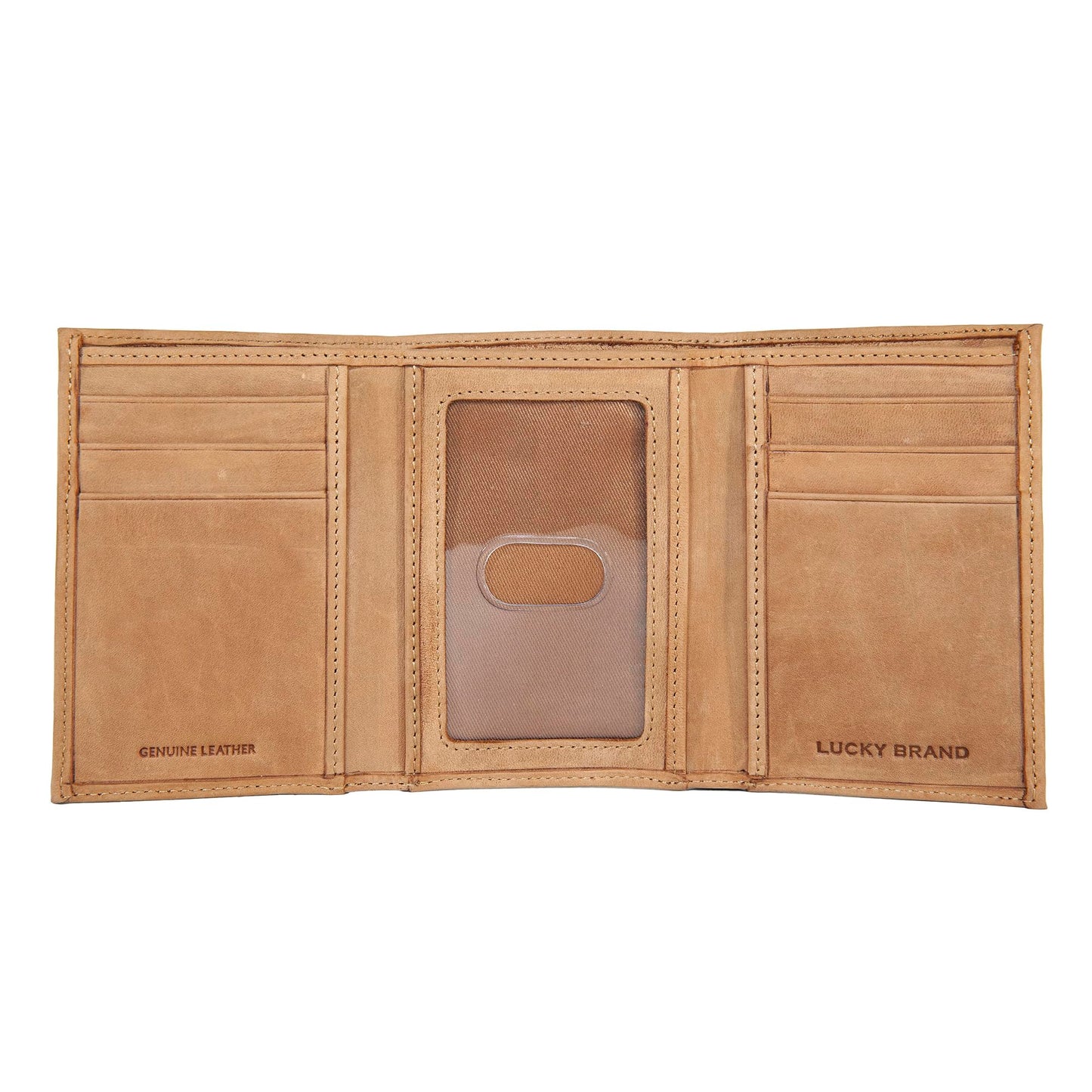 Lucky Brand American Flag Embossed Leather Trifold Wallet for Men with RFID Blocking, Tan