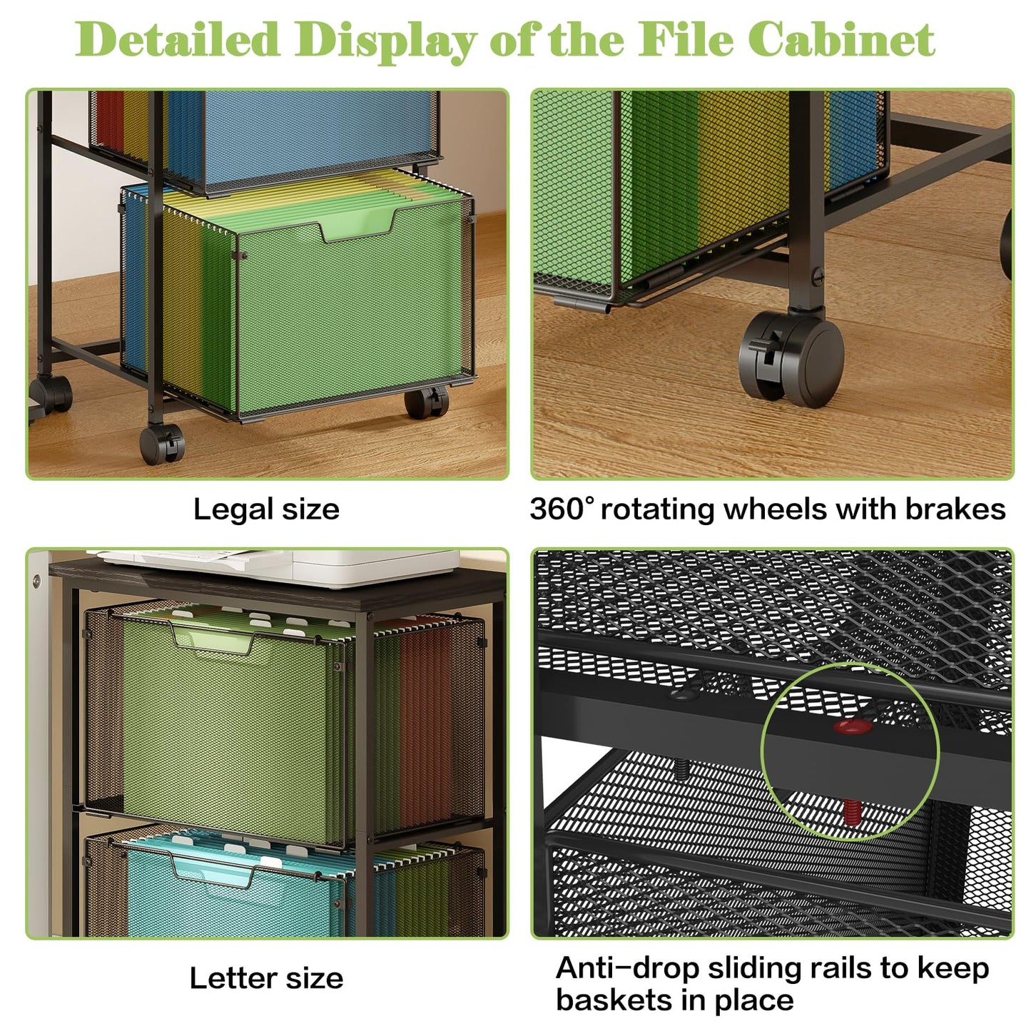Sbanmao Letter/Legal Rolling File Cart with 2 Storage Drawers, Under Desk Storage, Vertical Filing Cabinet for Home Office, Hanging File Folders Organizer, Mobile Utility Cart Printer Stand, Black