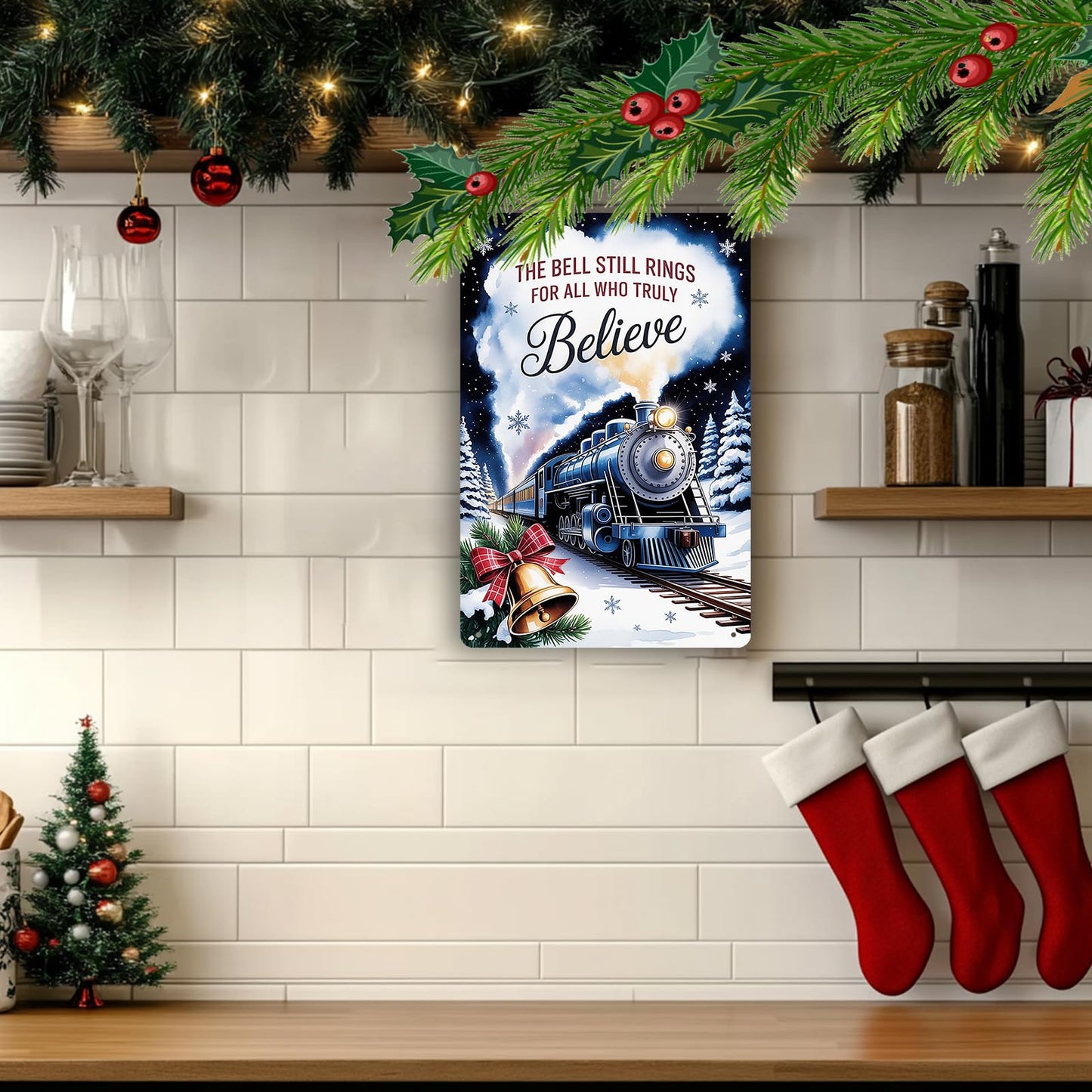 Polar Express The Bell Still Rings for All Who Truly Believe Metal Sign Christmas Train Depot Decor for Entryway Living Room Holiday Quote Wall Art Display 8x12 inch