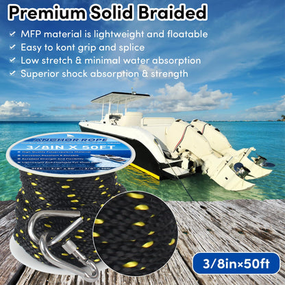 BALAVA Anchor Rope 50FT x 3/8in,Premium Solid MFP Braided Anchor Rope Anchor Line,Boat Anchor Rope with Stainless Steel Thimble & Snap Hook,Boat Rore Marine Rope for Anchors and Boats(Black/Yellow)