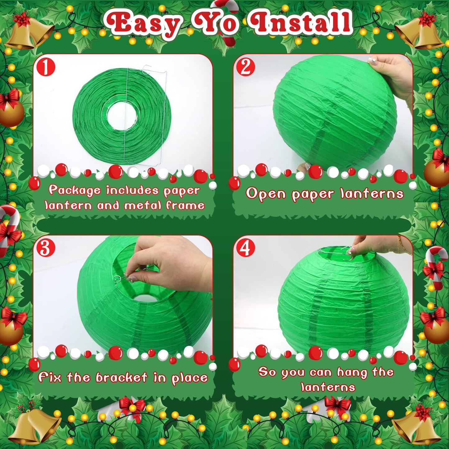 YIOTJUNL 14 PCS Red Green White Paper Lanterns, 6 8 10 Inch Hanging Ornaments for Cinco de Mayo Decorations, Mexican Fiesta Party Supplies, Italian Pizza Theme, Strawberry Birthday Decor