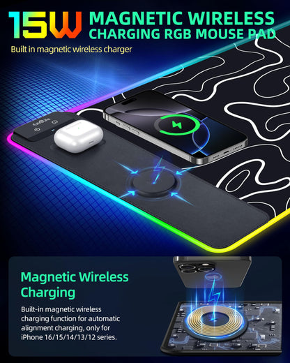 Wireless Charging Mouse Pad, RGB Gaming Mousepad, 31.5"x15.7" Extra Large Desk Pad, 13 Light Modes, Ultra-Smooth Surface, Non-Slip Base, Waterproof Computer Keyboard Mat for MacBook, PC, Laptop, Black