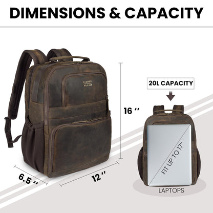 LEATHER VILLAGE Vintage Leather Laptop Backpack for Men & Women, Professional Business Bag Fits 17”- Laptop, Travel Hiking Daypack with Trolley Strap - Distressed Brown