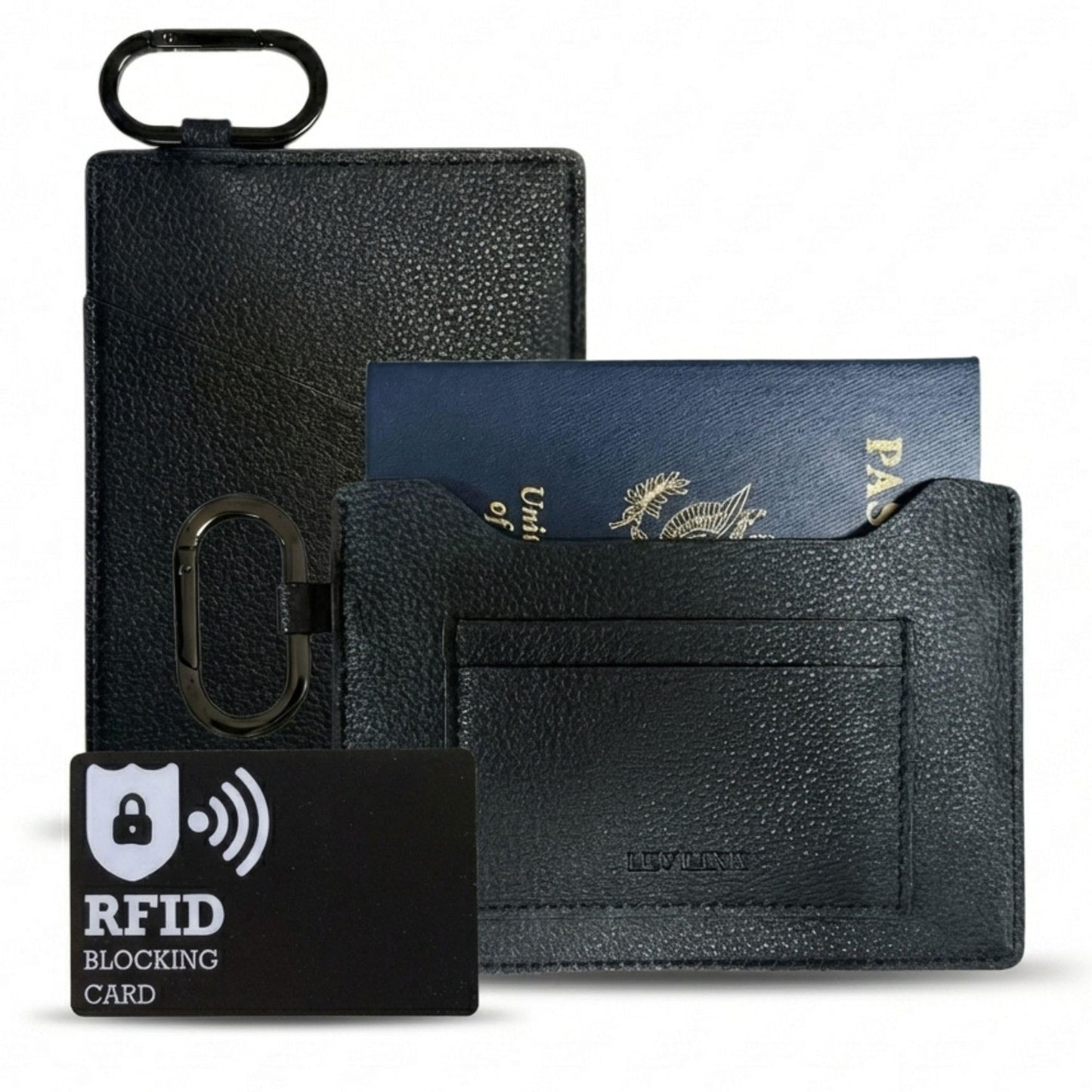 LEV LINA Passport Holder – Slim RFID Blocking Leather Passport Wallet with Built-In RFID Protection & Black-Tone Carabiner, Travel Essentials (BLACK - Clip Carabiner)