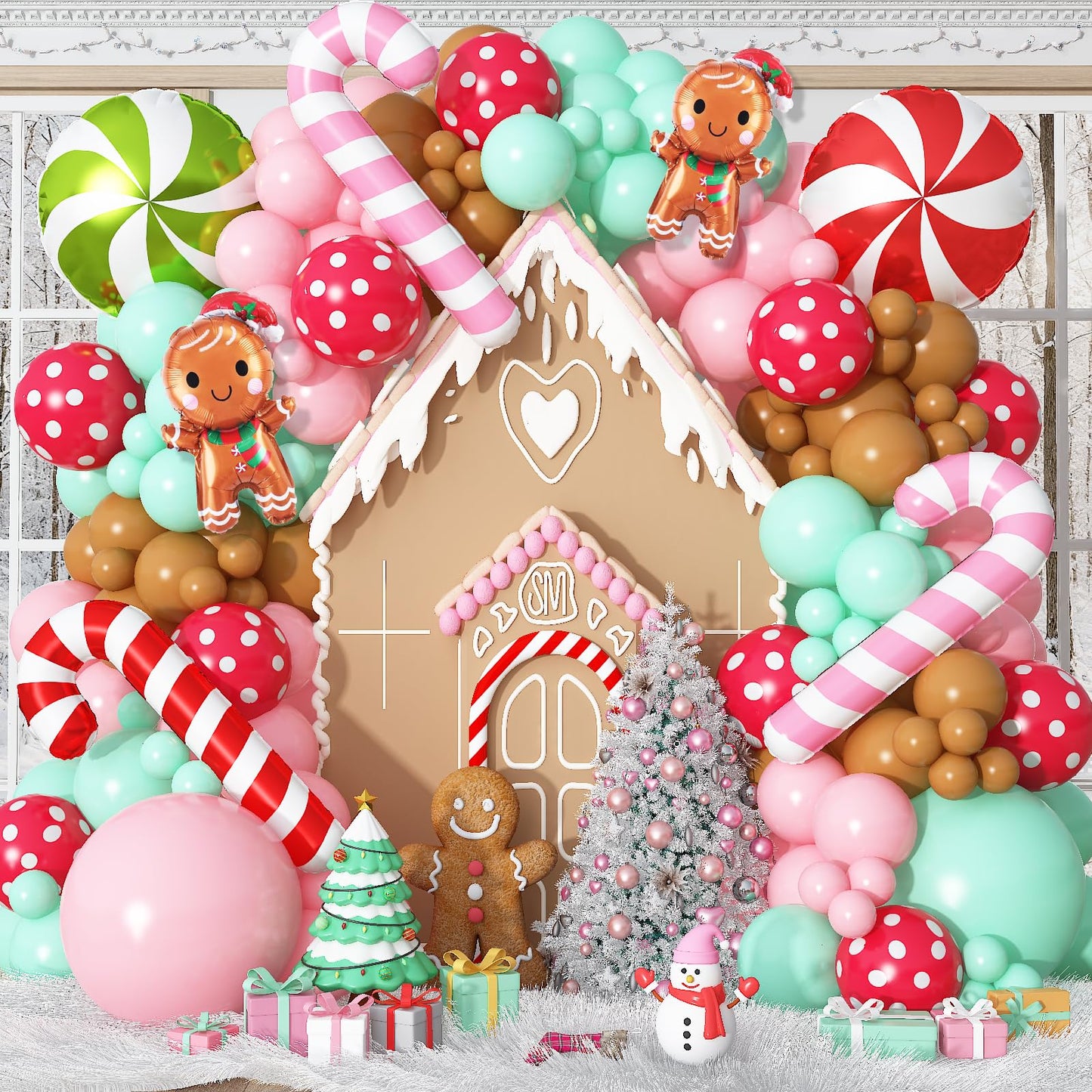 Gingerbread Balloon Arch Garland Kit, 126Pcs Pastel Pink Green Red Brown Christmas Balloon, Gingerbread Man Candy Cane Peppermint Foil Balloon for Christmas Xmas Cookie House New Year Party Decoration