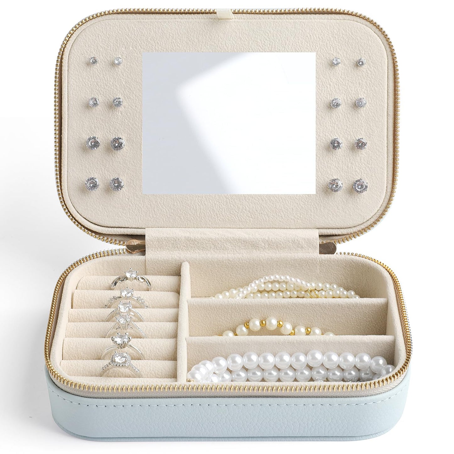 NGVRC Genuine Leather Travel Jewelry Organizer Case with Mirror for Women, Small Mini Portable Jewelry Box for Ring Earrings Necklace Bracelet Luxury Gift for Women（Cyan）