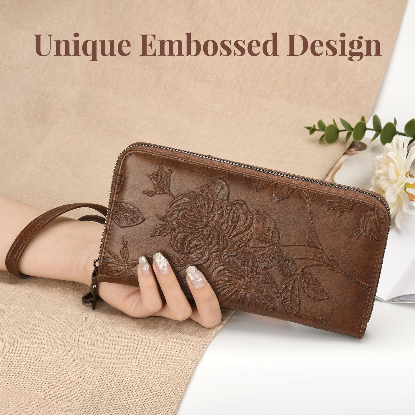 FORUWISH Wallet Women RFID Credit Card Holder Embossed Vegan Leather Large Capacity Brown Wristlet Wallets for Women
