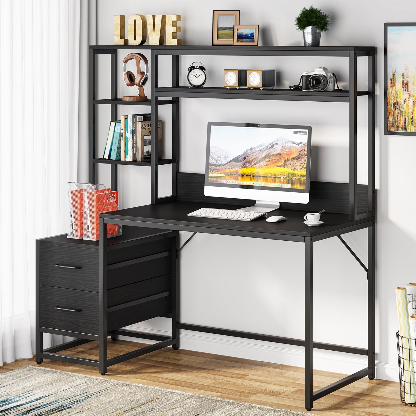 Tribesigns 55 Inch Computer Desk with 2 Drawers and Storage Shelves, Rustic Office Desk with Hutch, Study Writing Gaming Table Laptop Workstation for Home Office (Black)