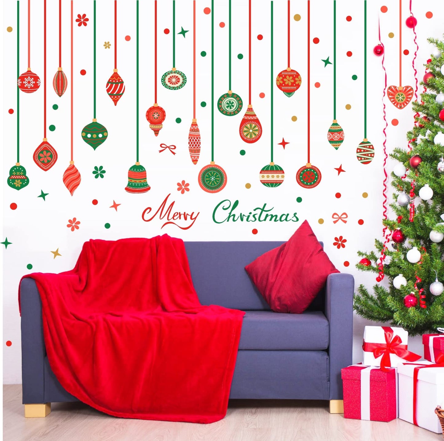 Christmas Bell Wall Stickers Removable Large Xmas Ornament Wall Decals Peel and Stick Merry Christmas Wall Decals Xmas Holiday Wall Stickers Winter Holiday Party Supplies Decorations