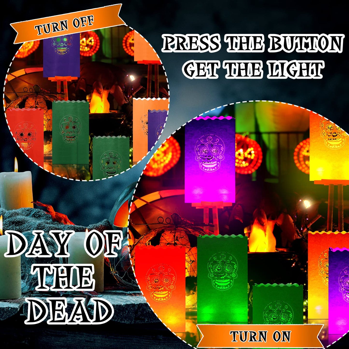 Meanplan 32 Set Day of The Dead Luminary Bags with 32 LED Tea Lights Flameless Candles, Dia De Los Muertos Luminary Mexican Christmas Paper Lantern Bags for Party Decor