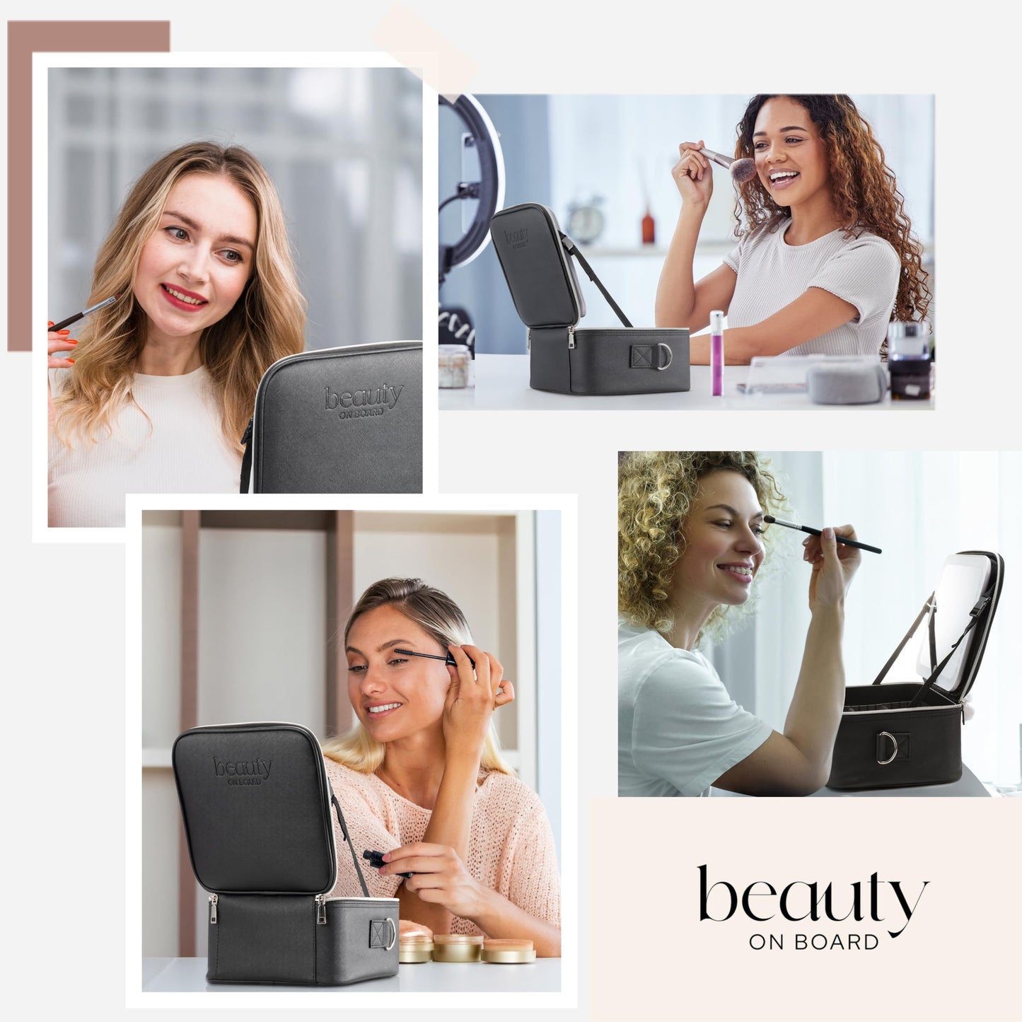 BeautyOnBoard Makeup Bag with LED Mirror, PU Leather Makeup Case - 3 Adjustable Brightness Levels, Lighted Cosmetic Case with Mirror, Dividers - Make Up Portable Storage Travel Organizer with Handle