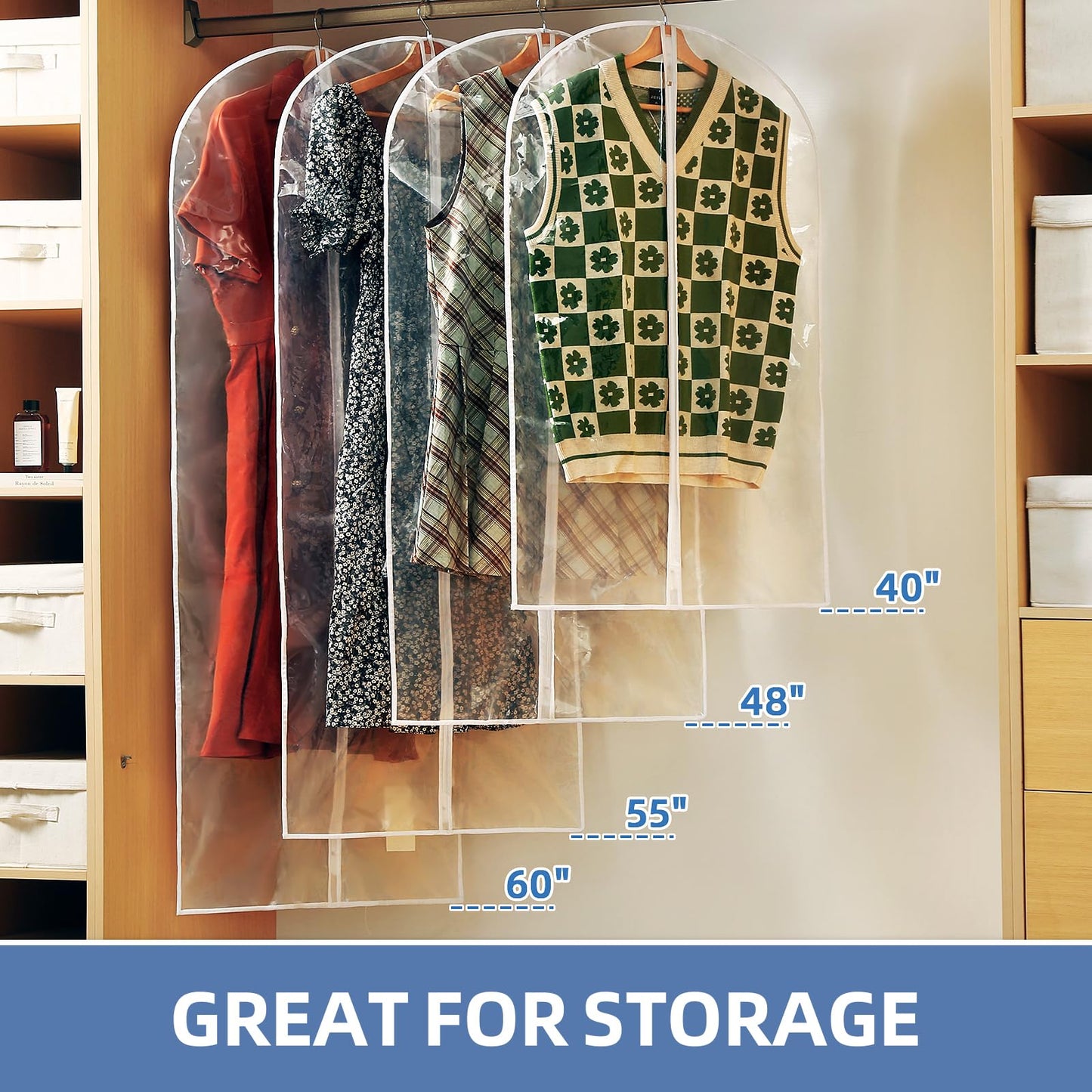 Perber 40" All Clear Garment Bags for Hanging Clothes, 12 Packs Suit Bags for Closet Storage, Plastic Waterproof Suit Cover Bags with Zipper for Coats, Jackets, Shirts (Set of 12)