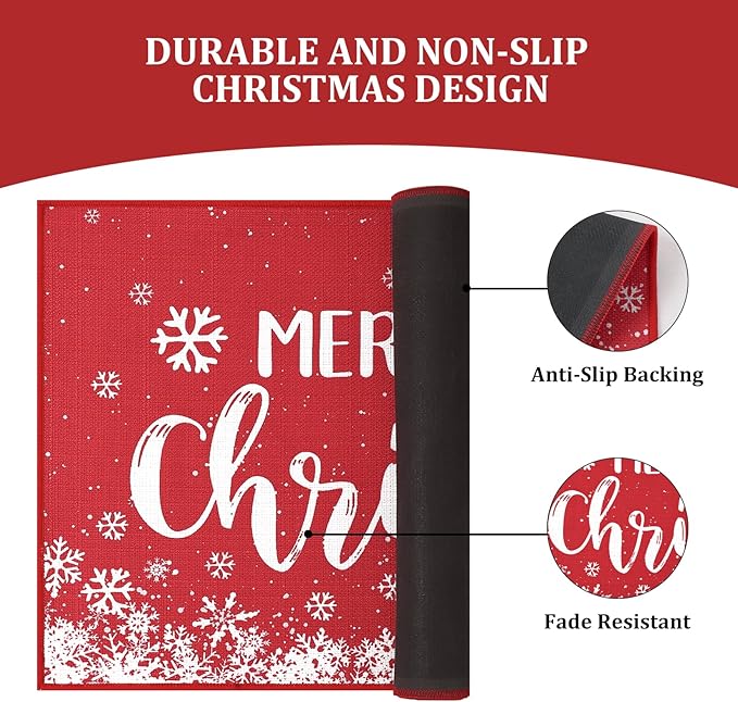 CAROMIO Christmas Doormat 20 x 32 Inch Xmas Holiday Decorative Christmas Snowflake Welcome Mat for Home Decoration Non Slip Door Mat Outdoor Indoor Entrance Floor Mat, Red